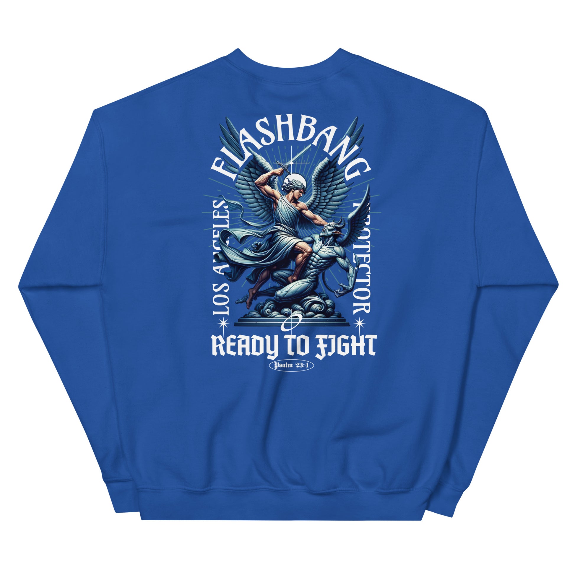 Blue sweatshirt with graphic design on the back featuring text and an angelic figure.