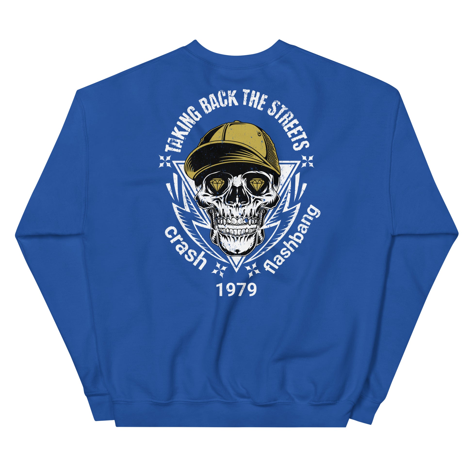 Blue sweatshirt with a skull design and text on the back against a white background