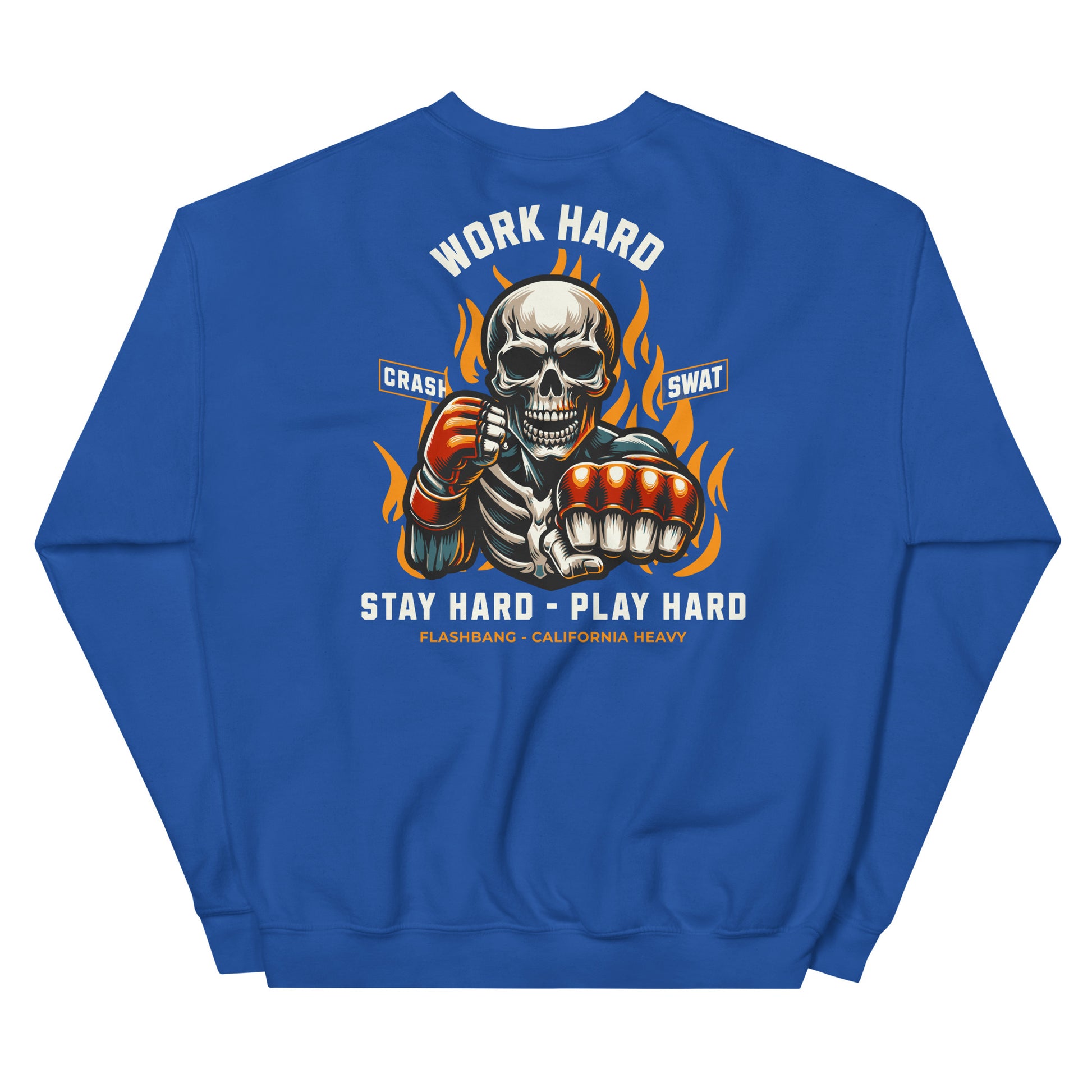 Blue sweatshirt with a graphic of a skeleton holding boxing gloves and text on the back.