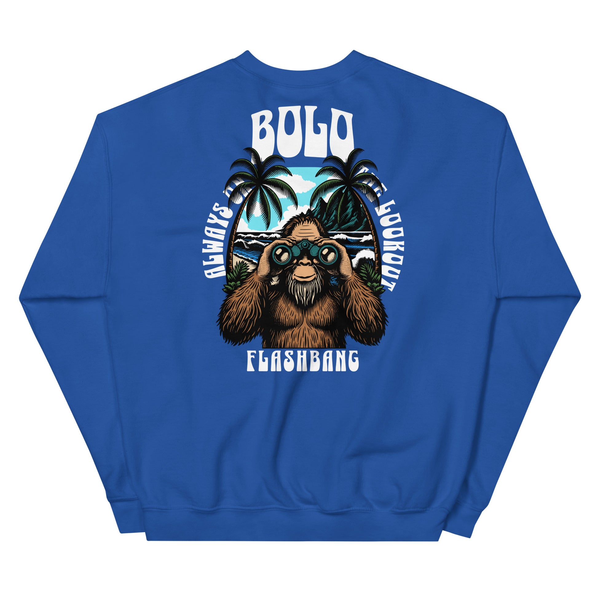 Blue sweatshirt with a graphic of a monkey and text on the back, on a white background