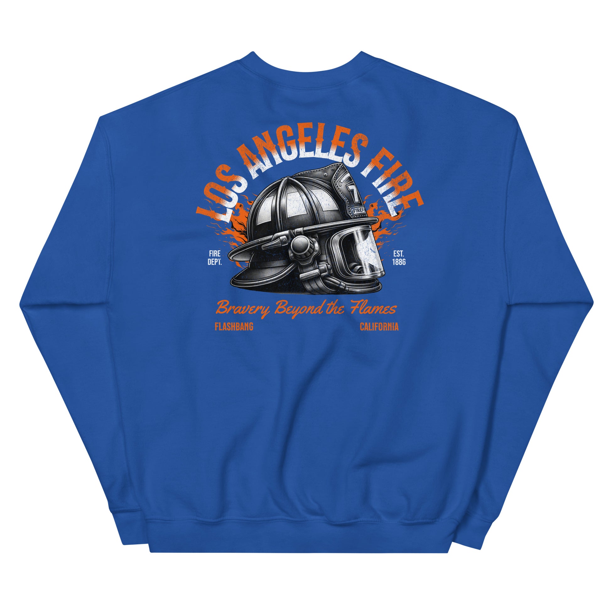 Blue sweatshirt with a fire helmet graphic and text on the back, on a white background