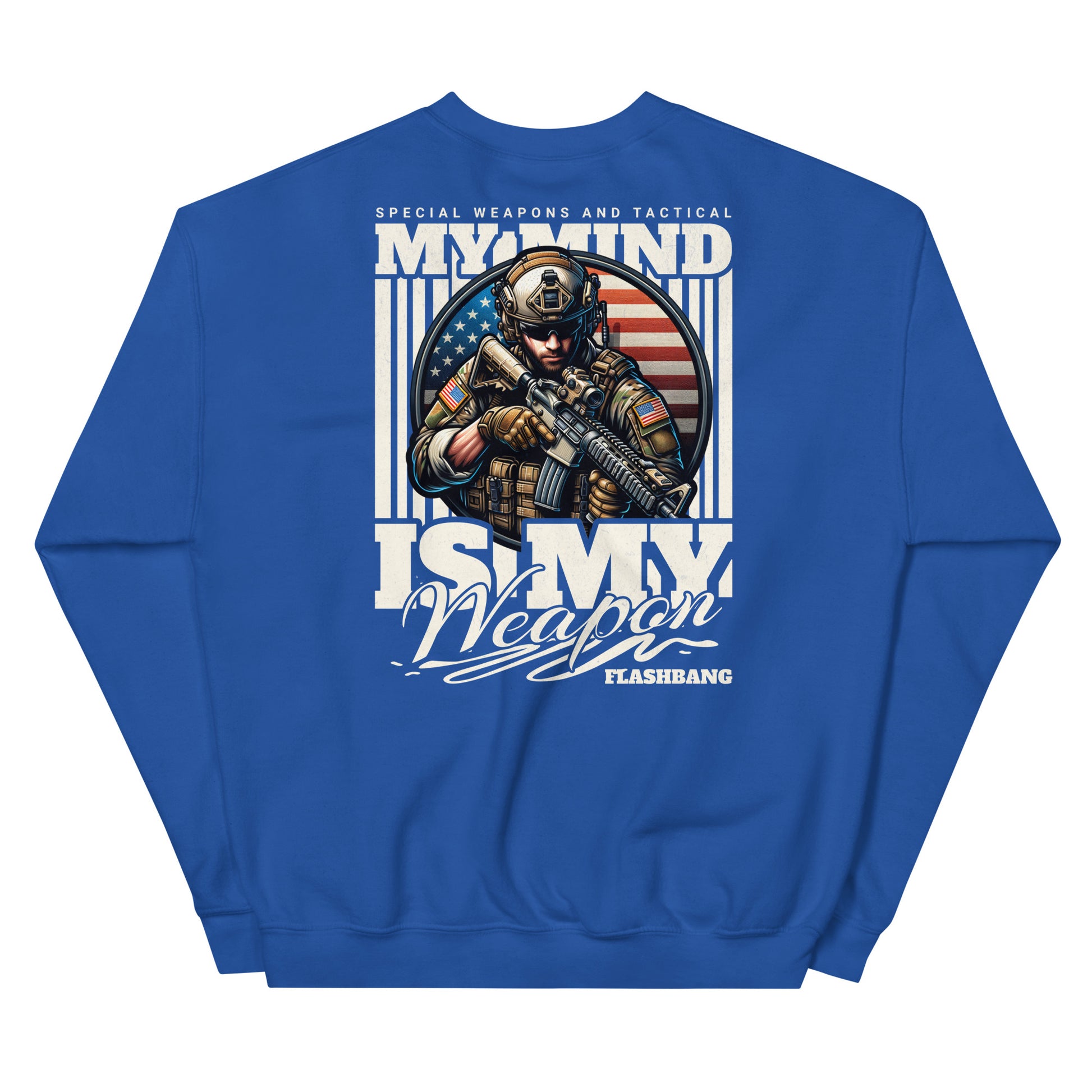 Blue sweatshirt with graphic design of a soldier and text on a white background