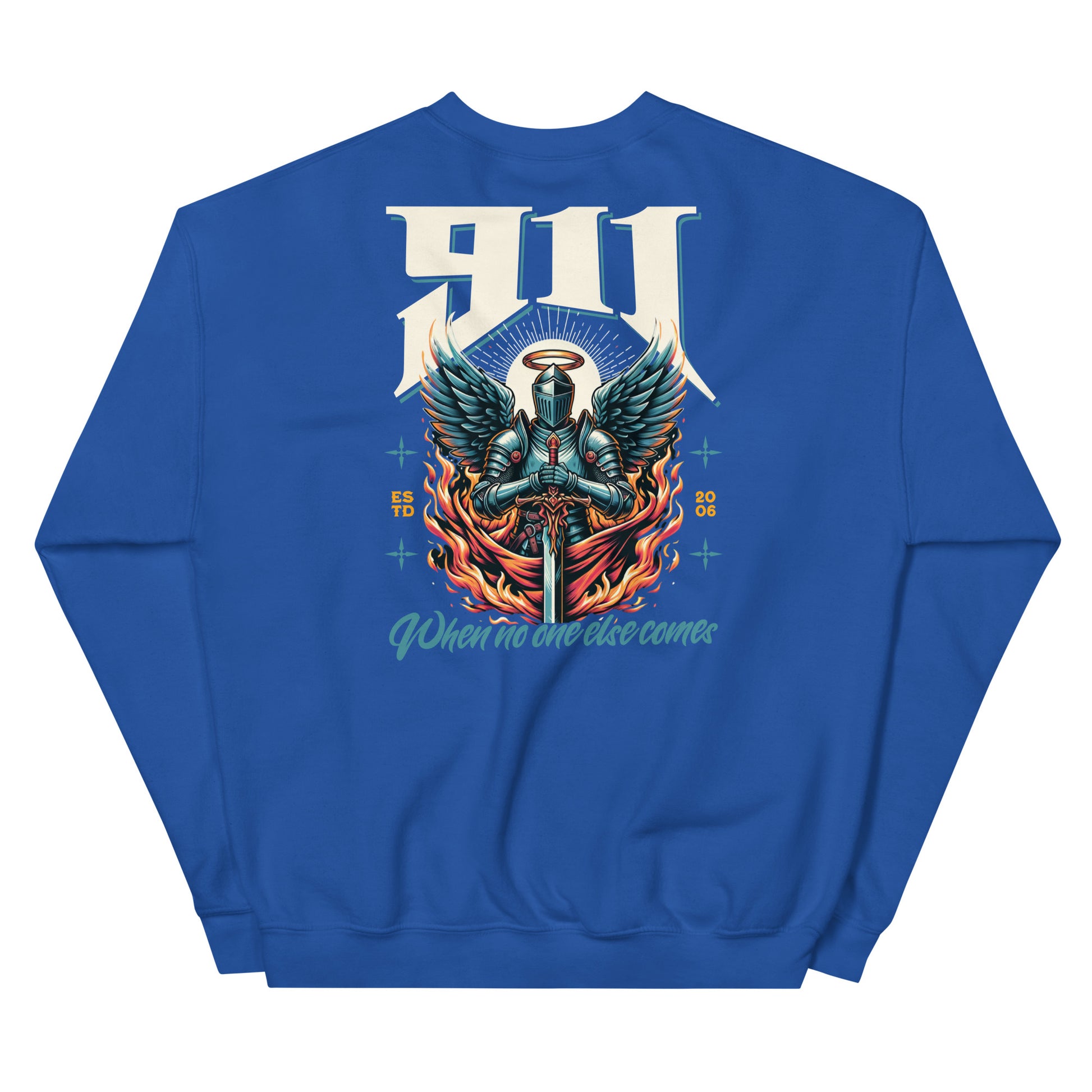 Blue sweatshirt with a graphic design of a knight with wings and text on the back, on a white background.