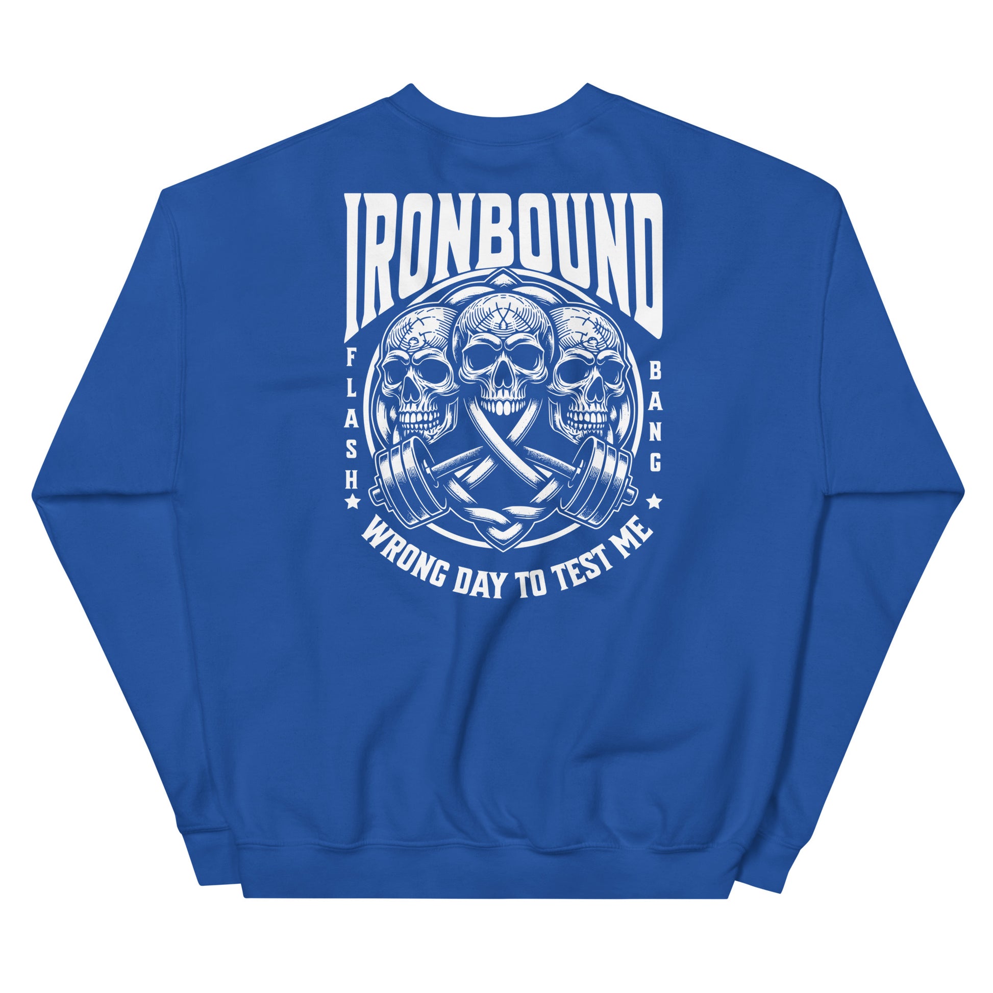 Blue sweatshirt with white graphic design and text on a white background