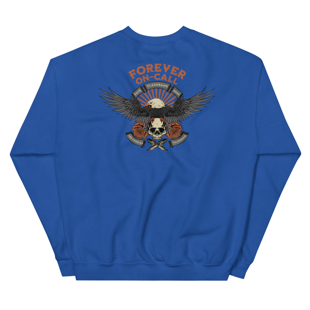 Blue sweatshirt with an eagle and skull design on the back, featuring the text 'Forever On Call'.