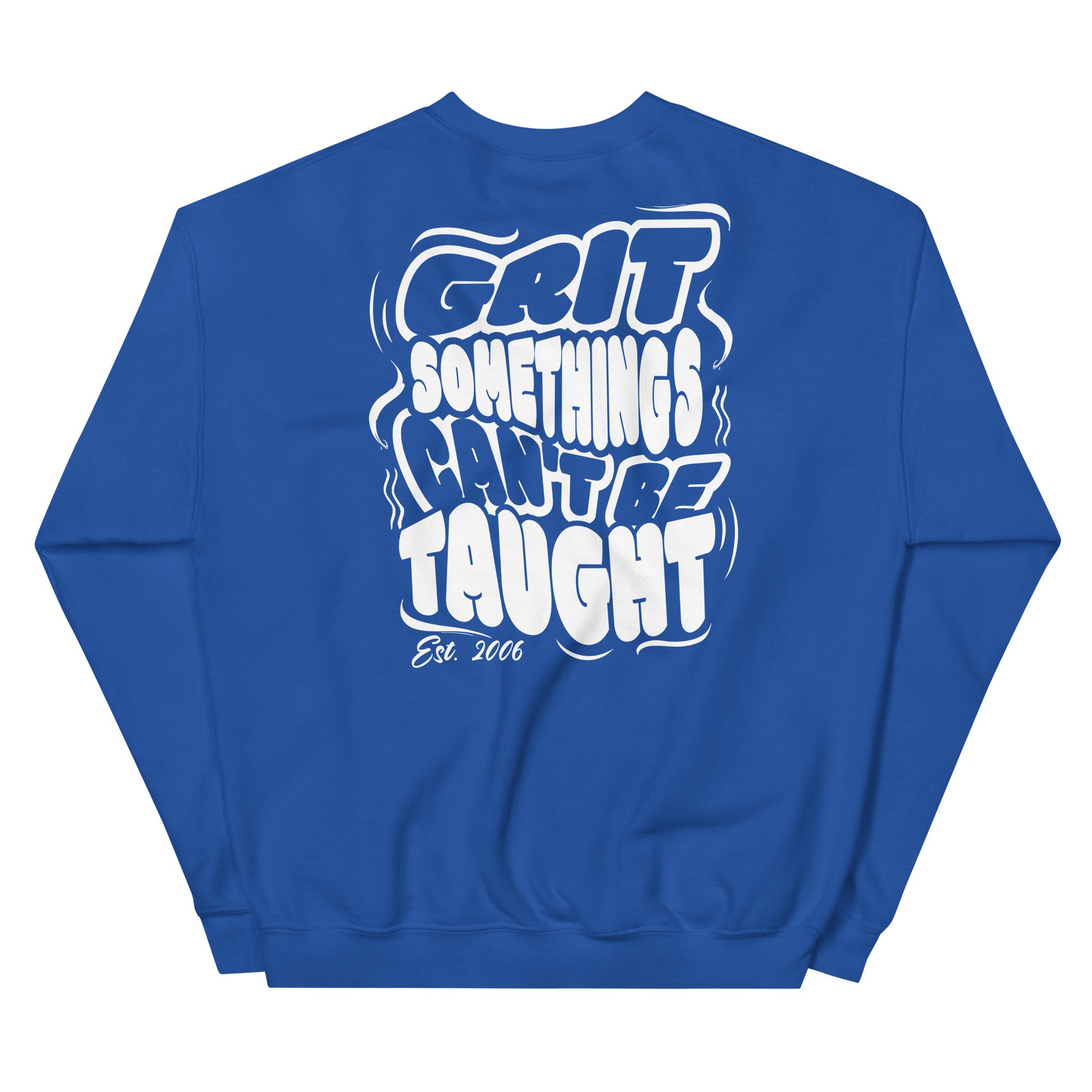 Blue sweatshirt with white text on a white background