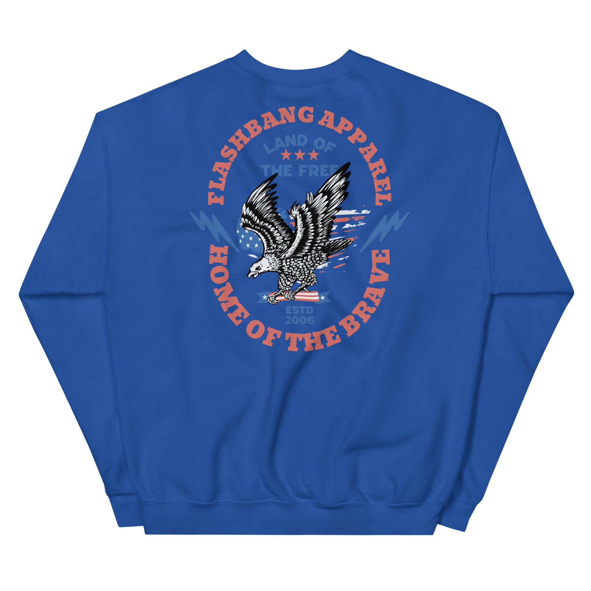 Blue sweatshirt with an eagle design and text on the back, on a white background