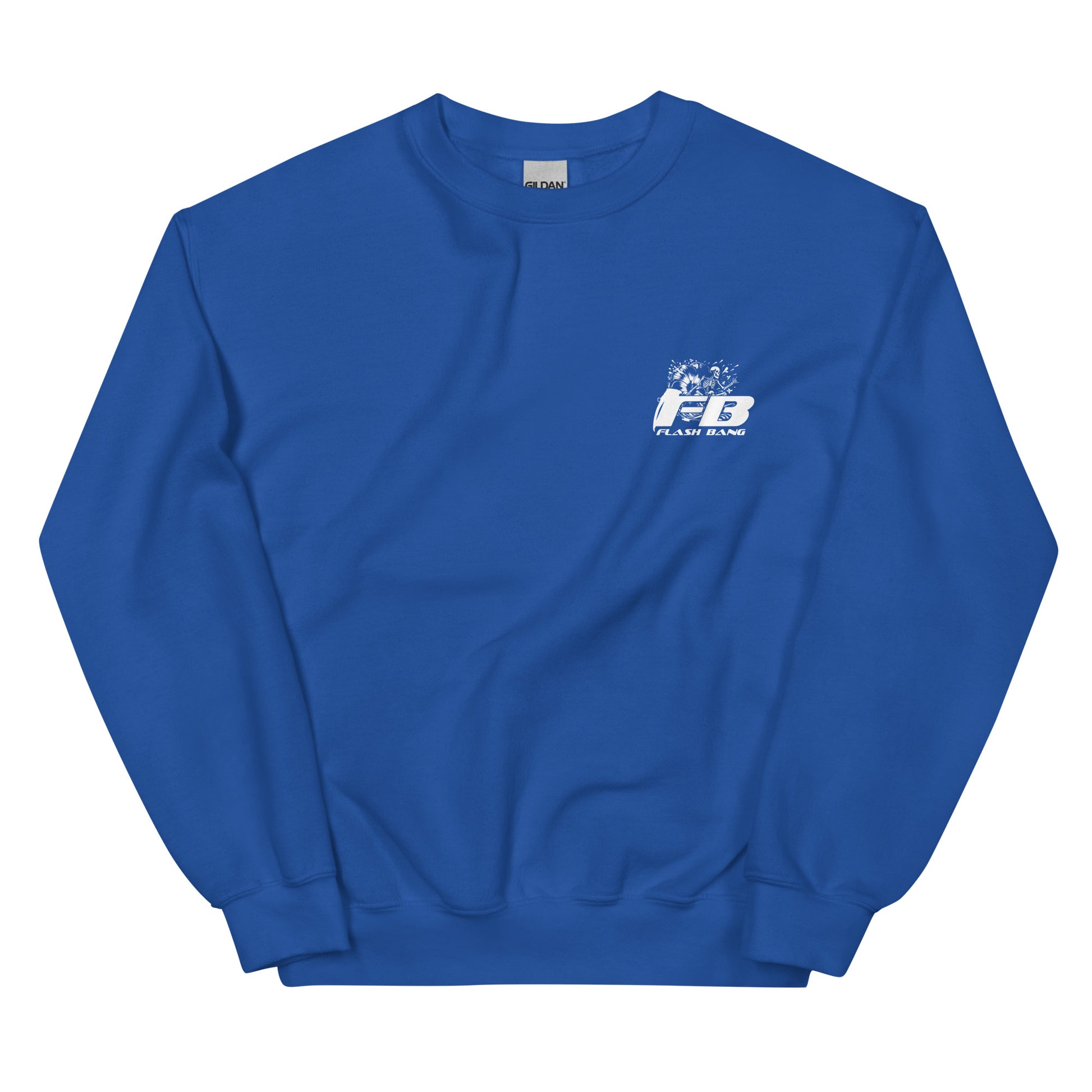 Blue sweatshirt with a logo on the chest against a white background