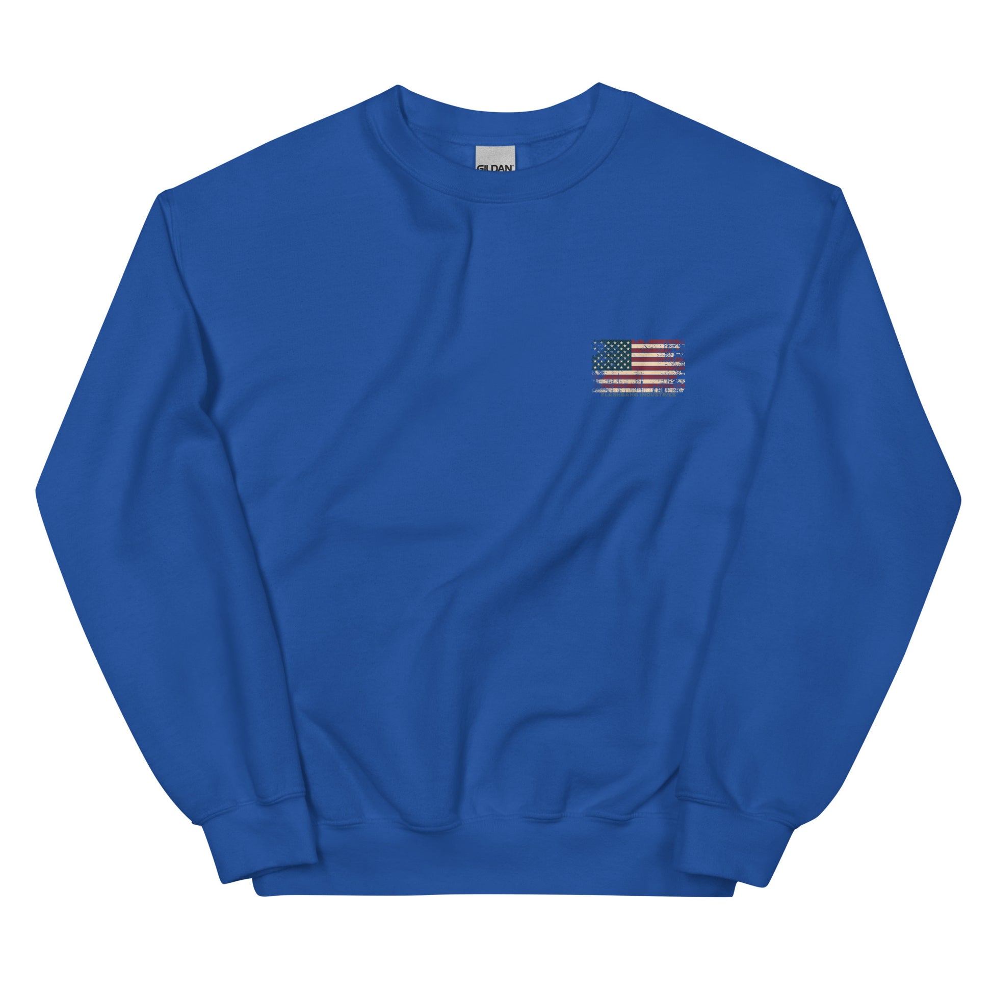 Blue sweatshirt with an American flag patch on a white background