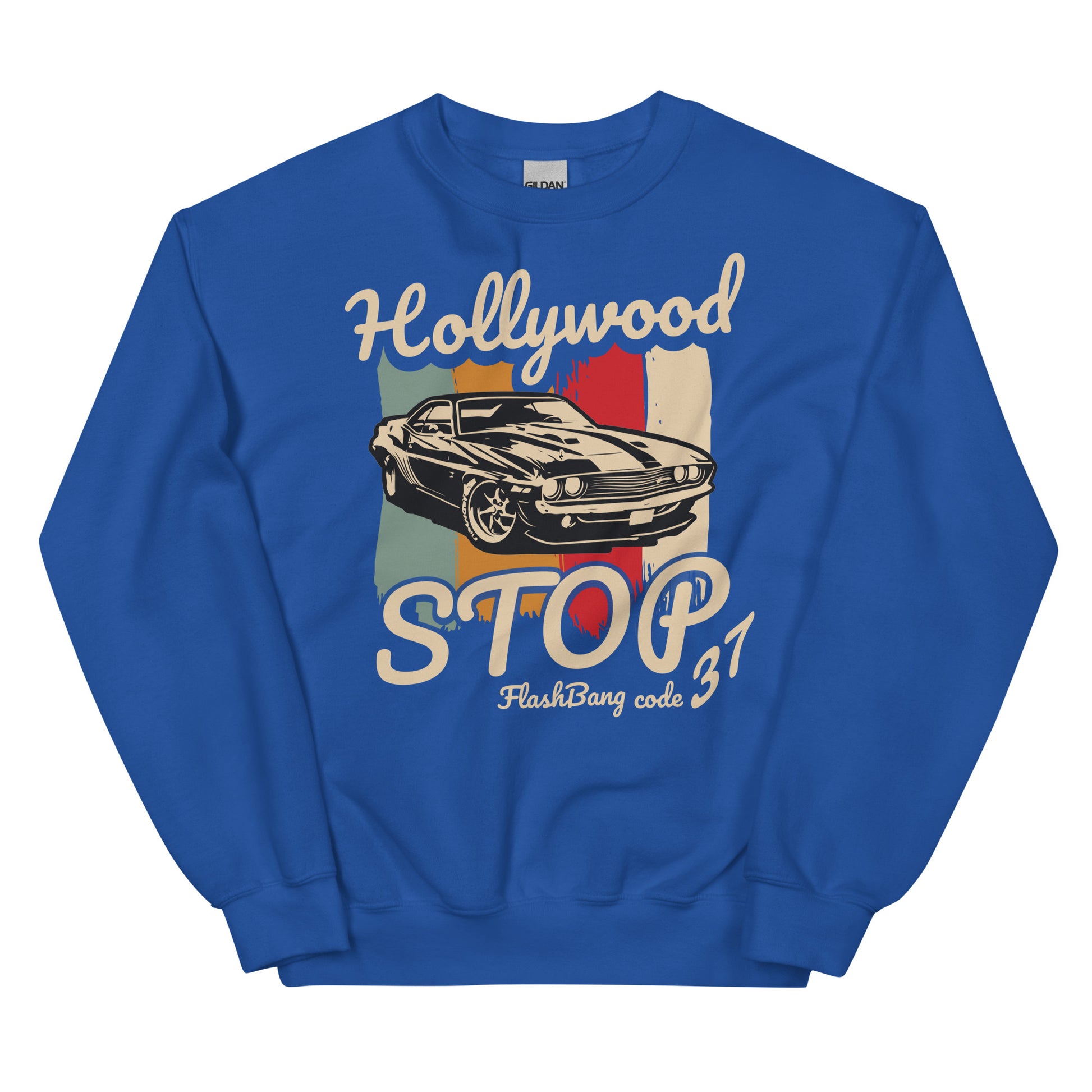 Blue sweatshirt with a graphic of a car and text on a white background
