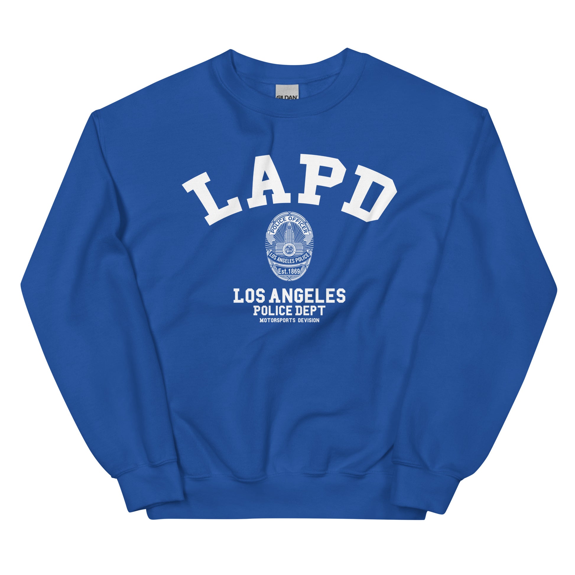 Blue sweatshirt with LAPD and Los Angeles Police Dept text on a white background