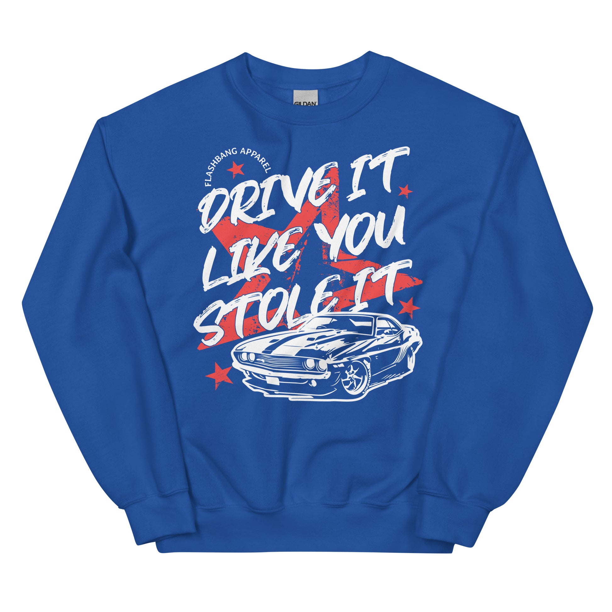 Blue sweatshirt with graphic design and text on a white background