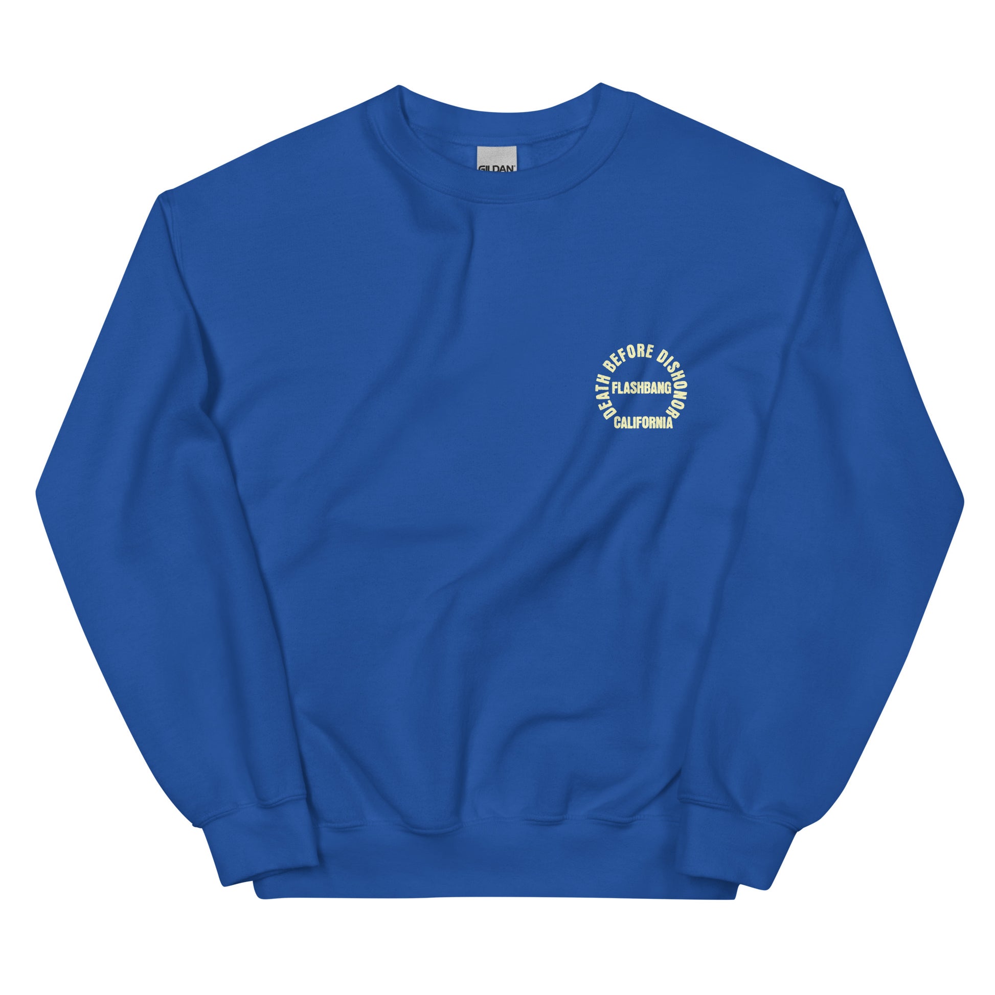 Blue sweatshirt with a white logo on a white background
