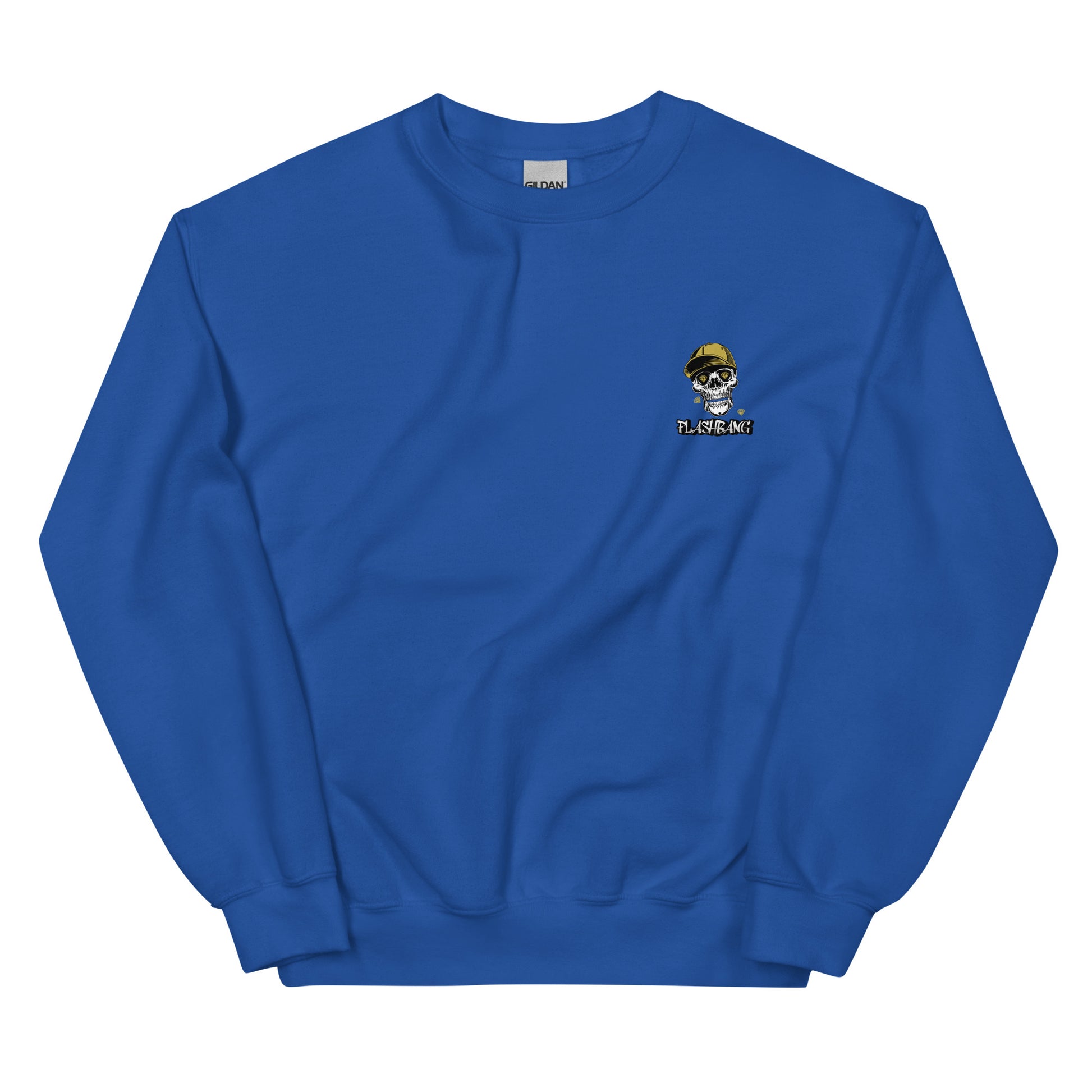 Blue sweatshirt with a small logo on the chest against a white background