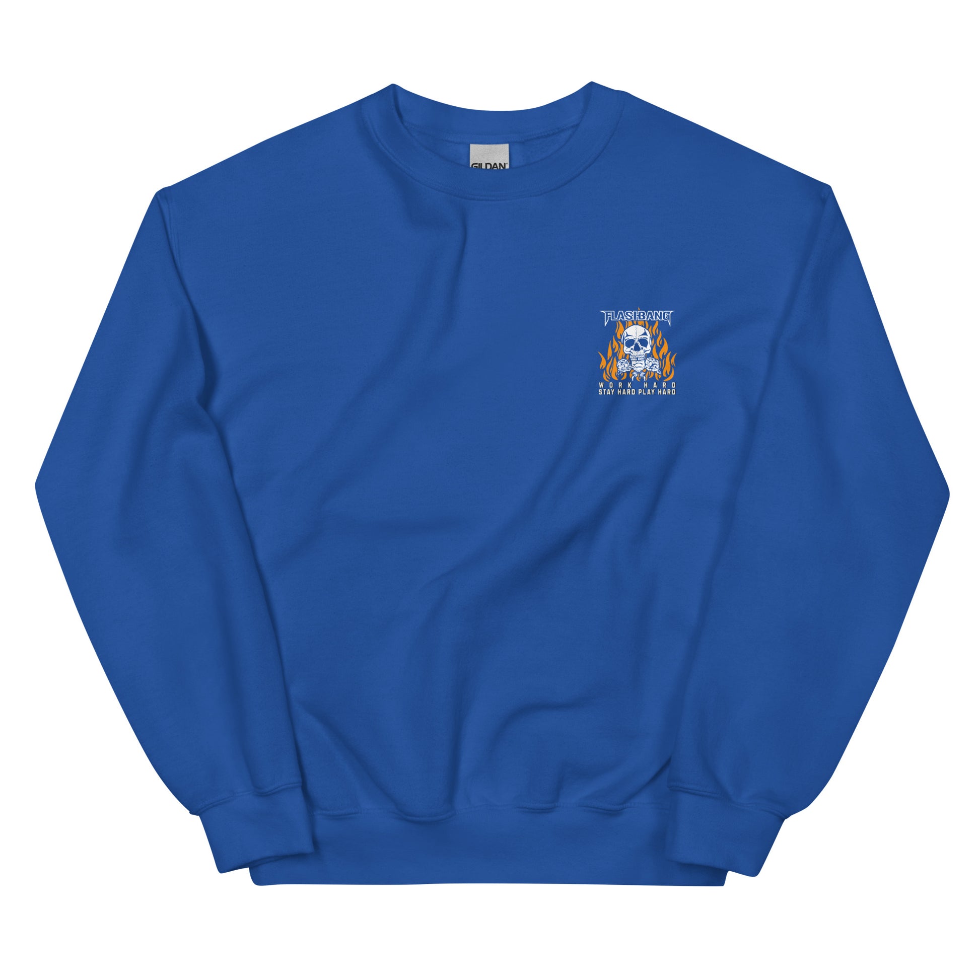 Blue sweatshirt with a small logo on the chest against a white background