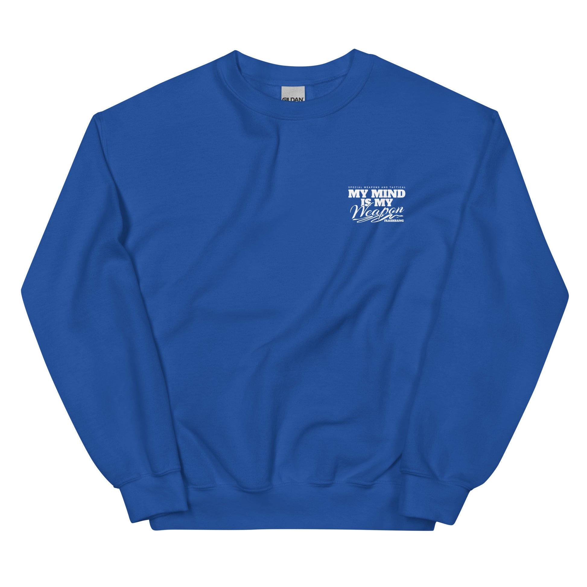 Blue sweatshirt with text on a white background