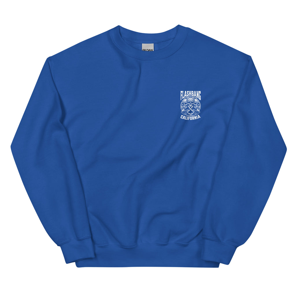Blue sweatshirt with a logo on the chest against a white background