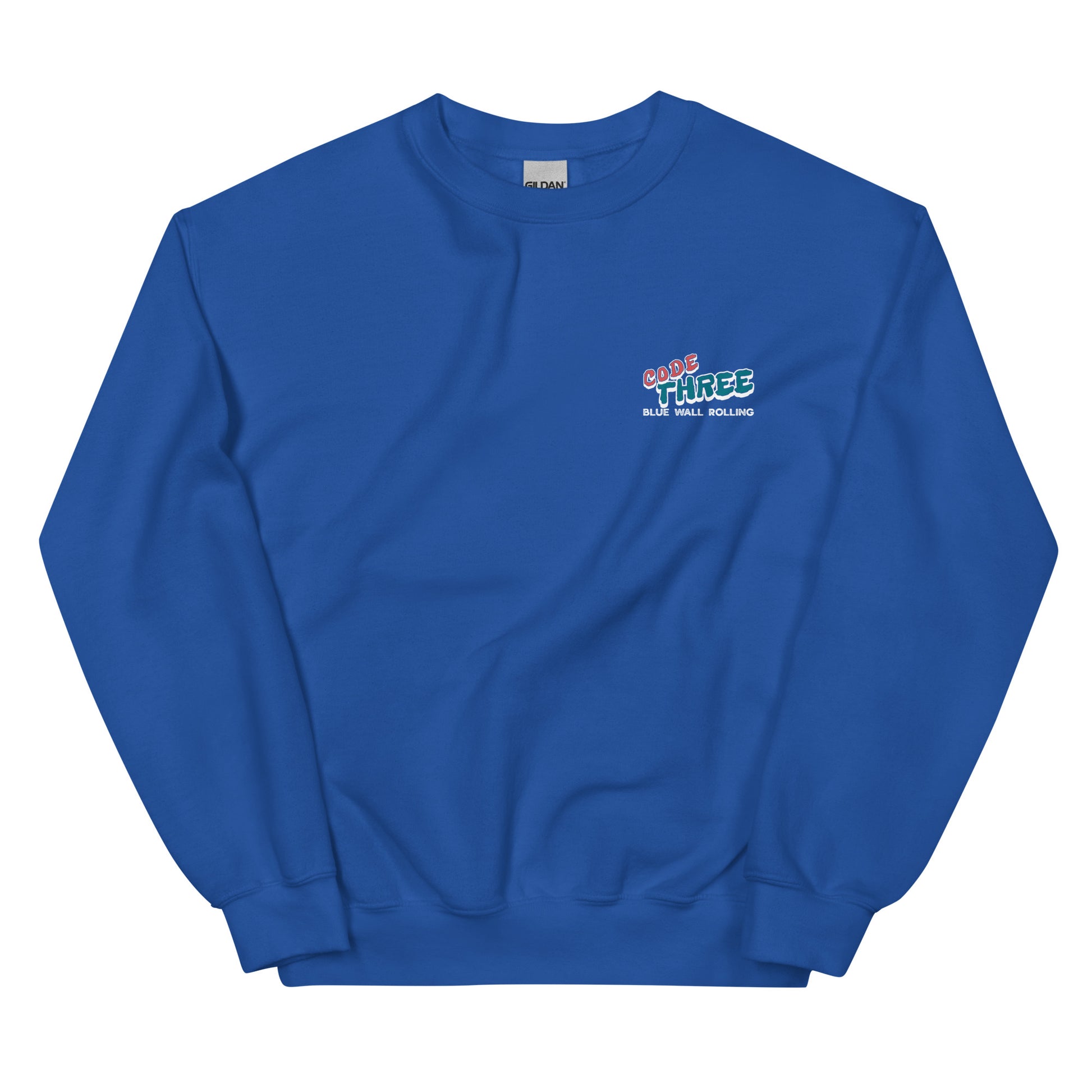 Blue sweatshirt with a logo on the chest against a white background