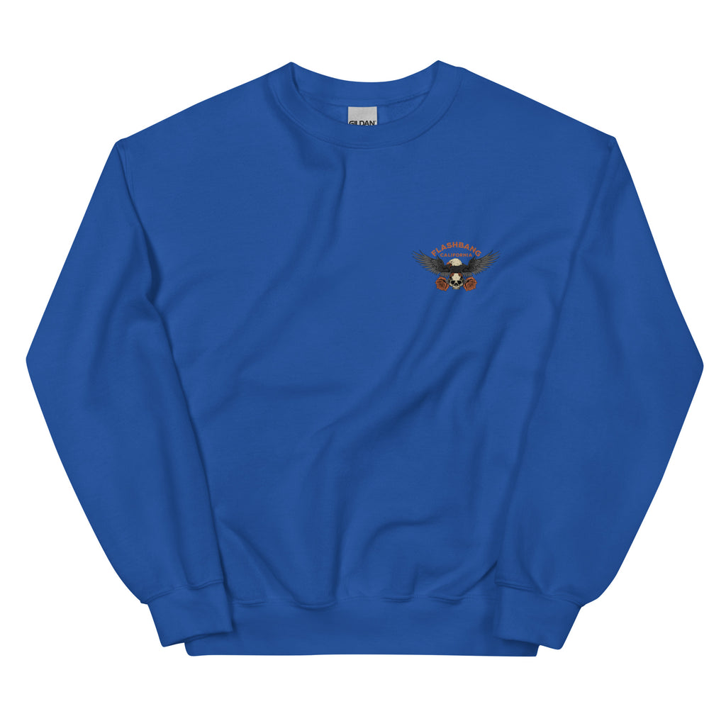 Blue sweatshirt with a logo on the chest against a white background