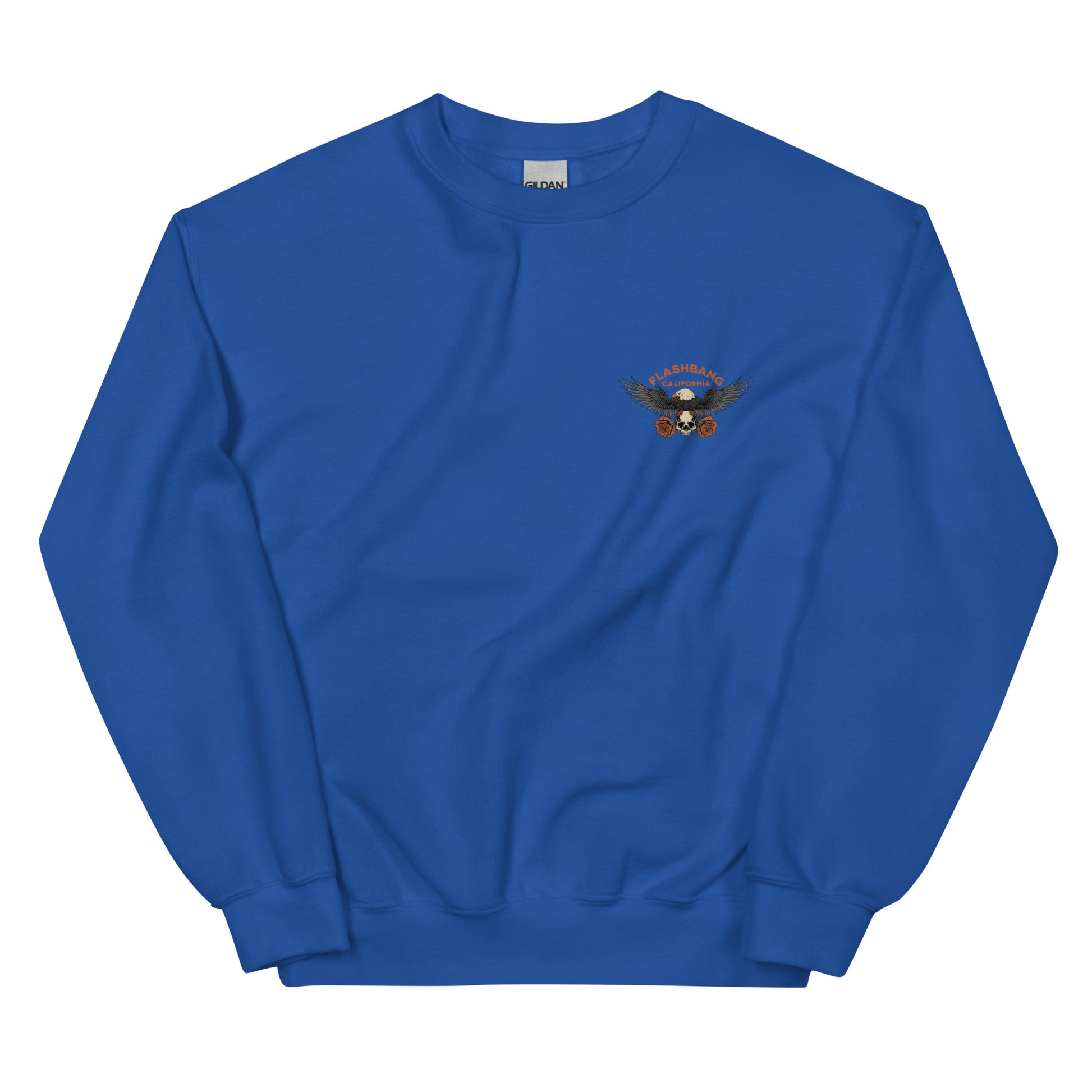 Blue sweatshirt with a logo on the chest against a white background