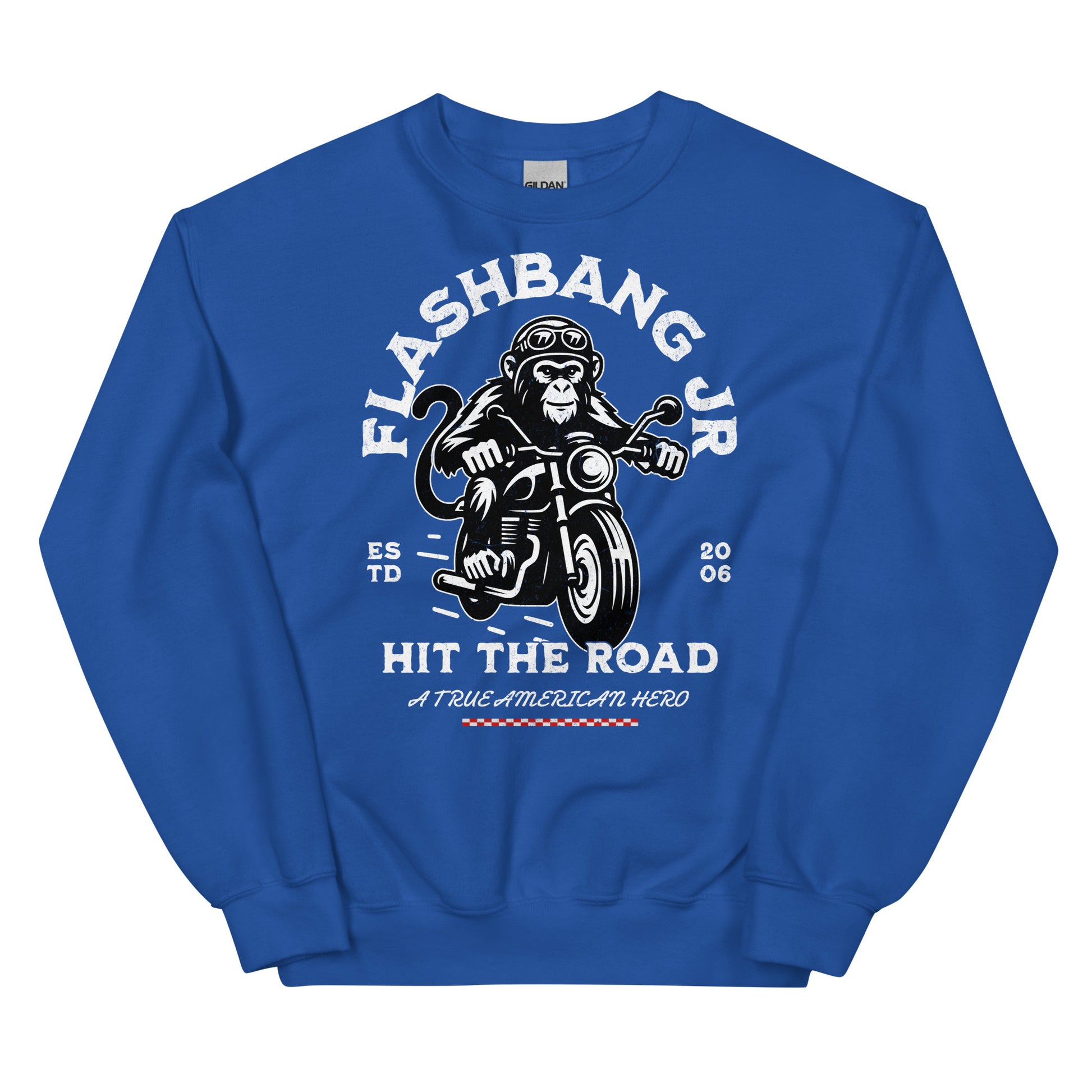 Blue sweatshirt with a graphic of a monkey on a motorcycle and text 'Flashbang Jr. Hit the Road'.