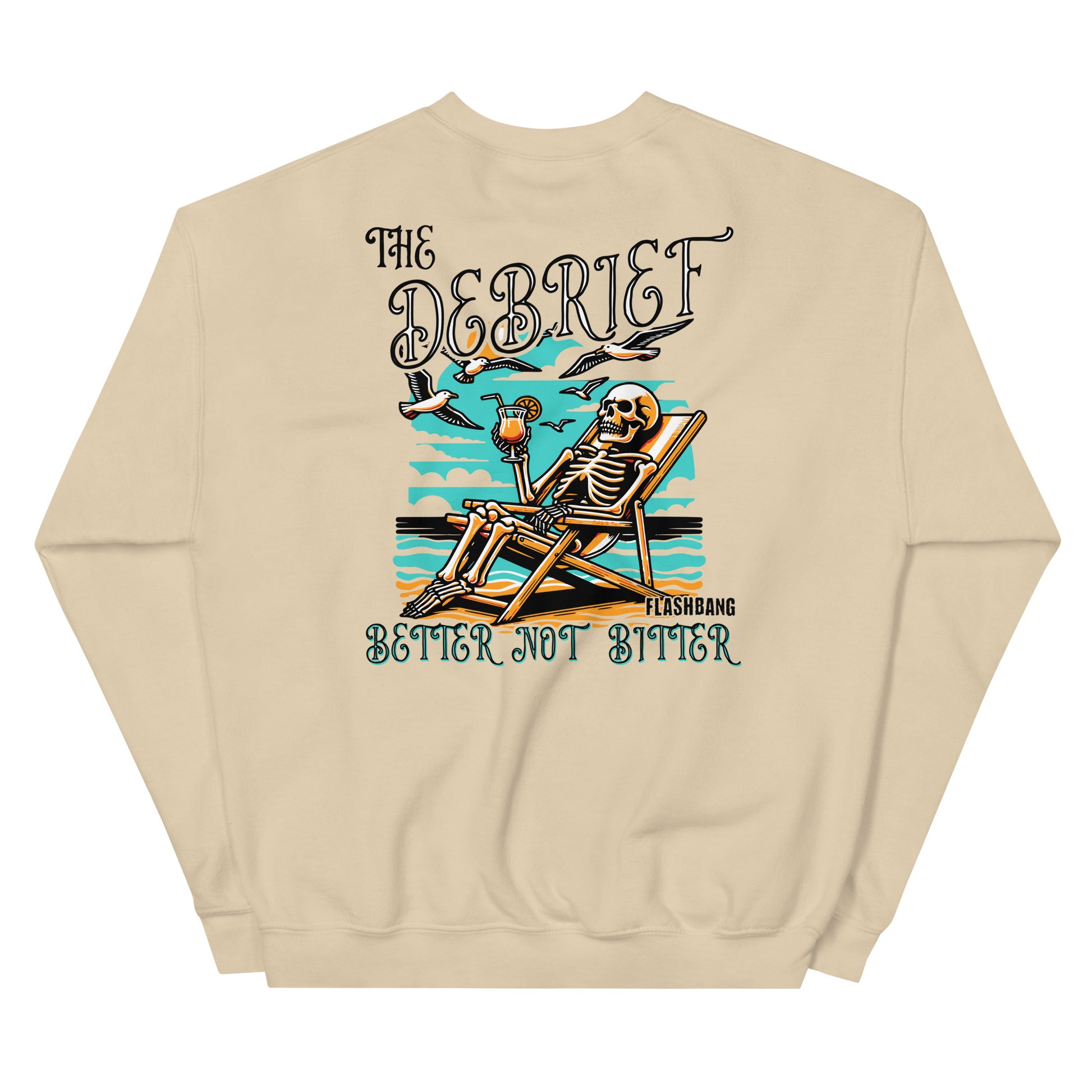 Beige sweatshirt with a skeleton design and text on the back