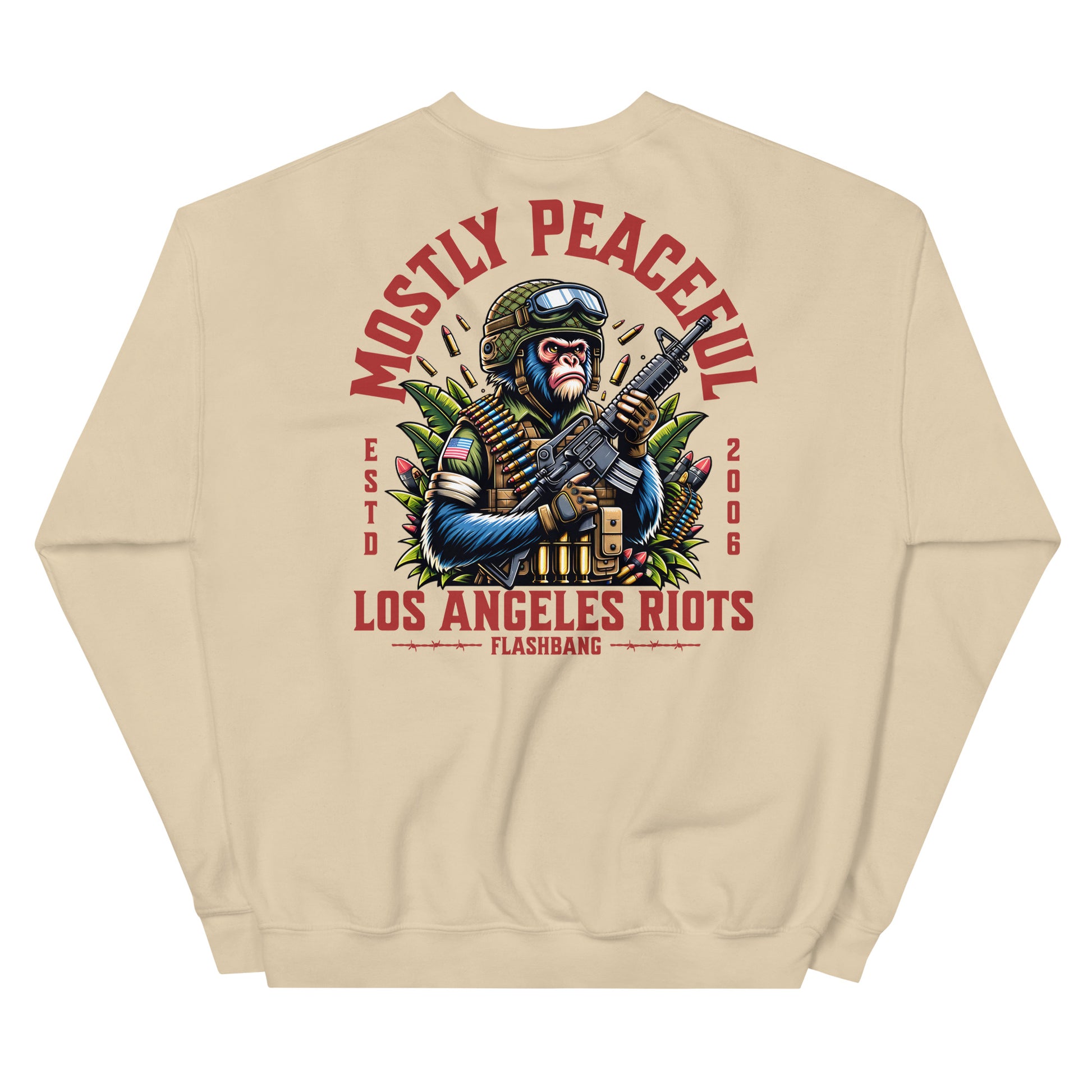 Beige sweatshirt with graphic design and text on a white background