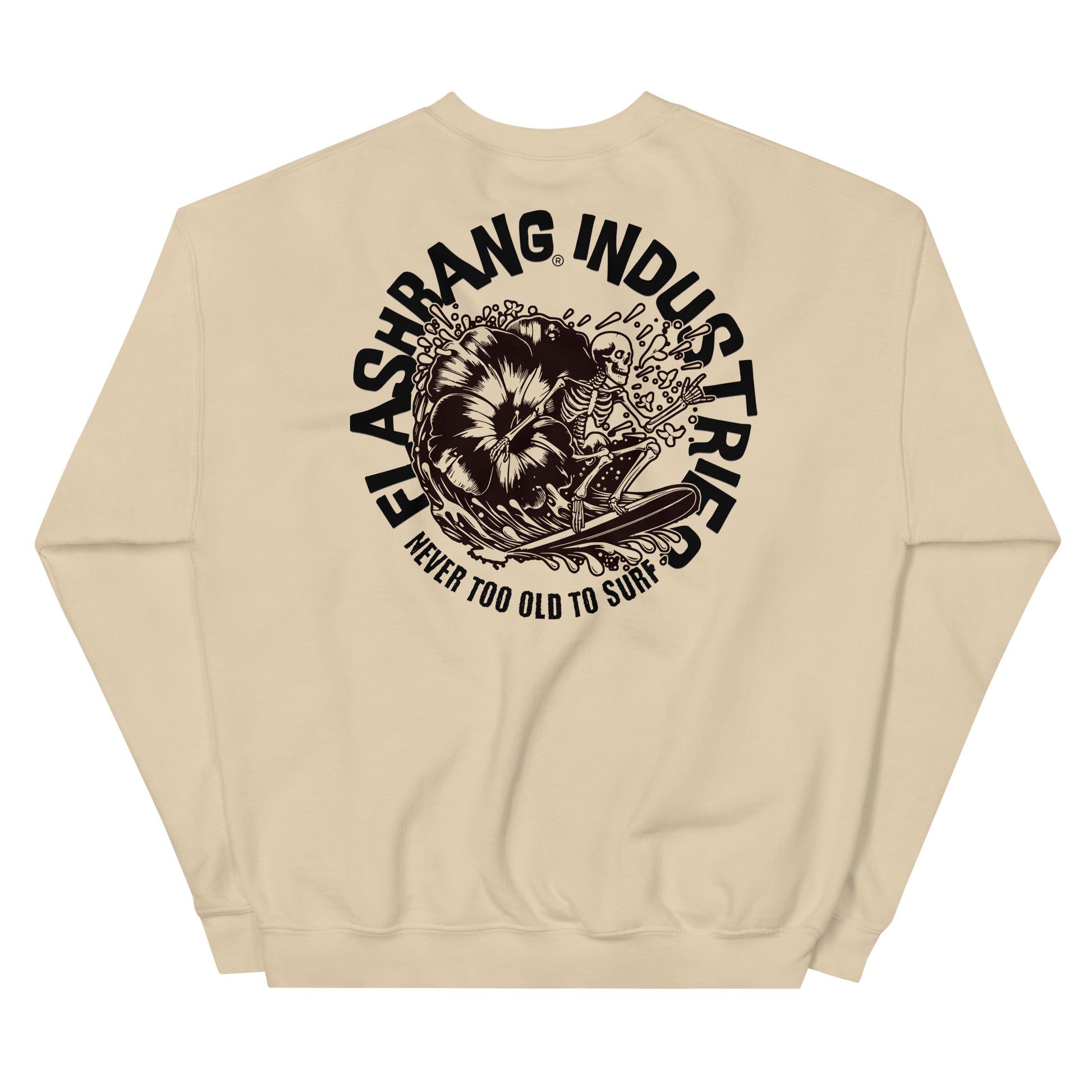Beige sweatshirt with black graphic design on the back on a white background