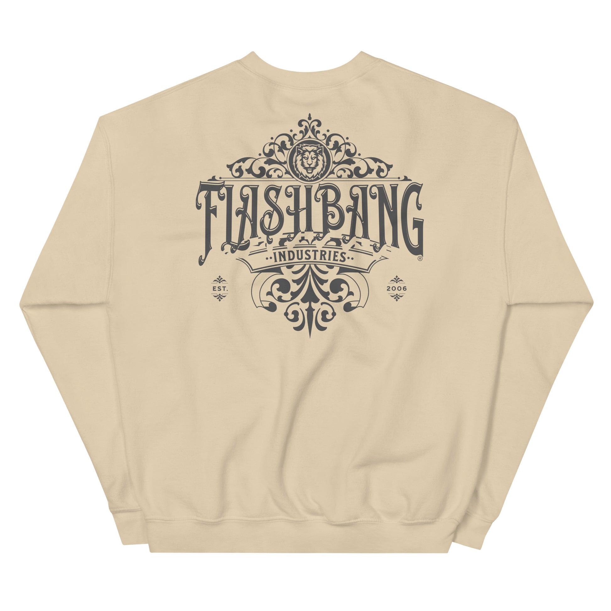Beige sweatshirt with 'Flashbang Industries' logo on the back against a white background