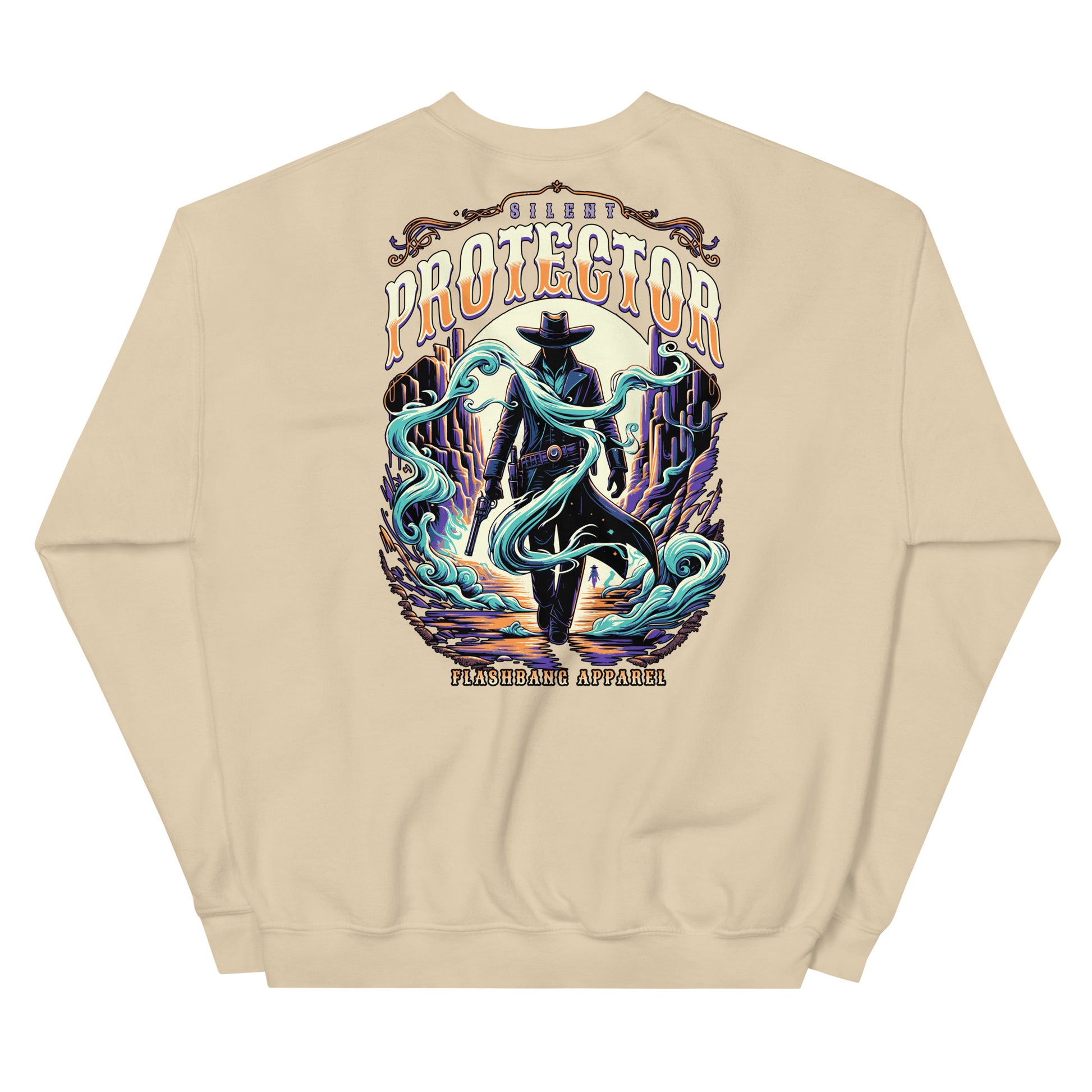 Beige sweatshirt with a graphic design on the back featuring a cowboy and text.