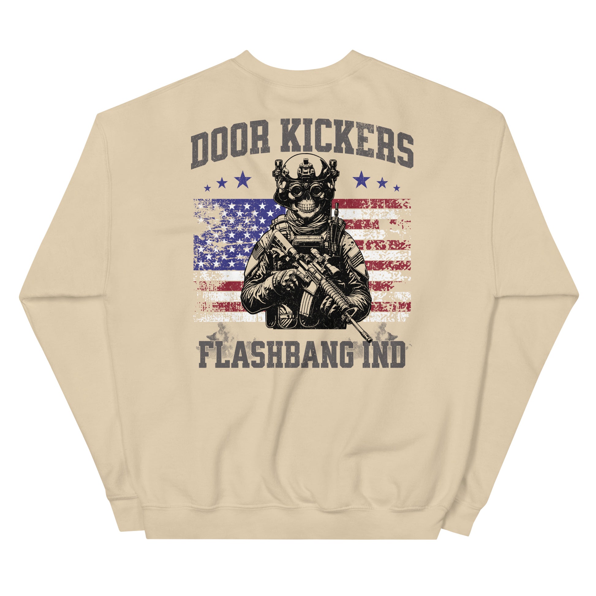 Beige sweatshirt with graphic design of a soldier and American flag, text 'Door Kickers' and 'Flashbang Industries'.