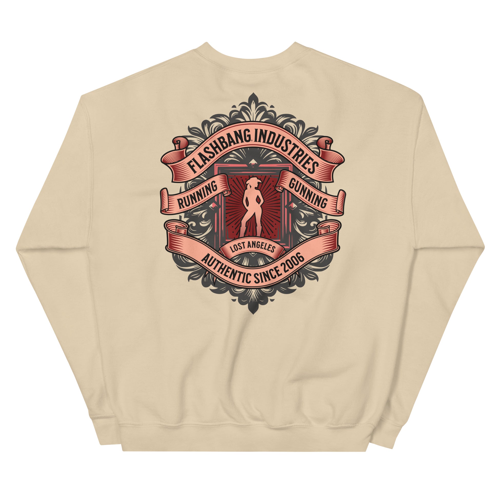Beige sweatshirt with a graphic design on the back featuring text and a silhouette.