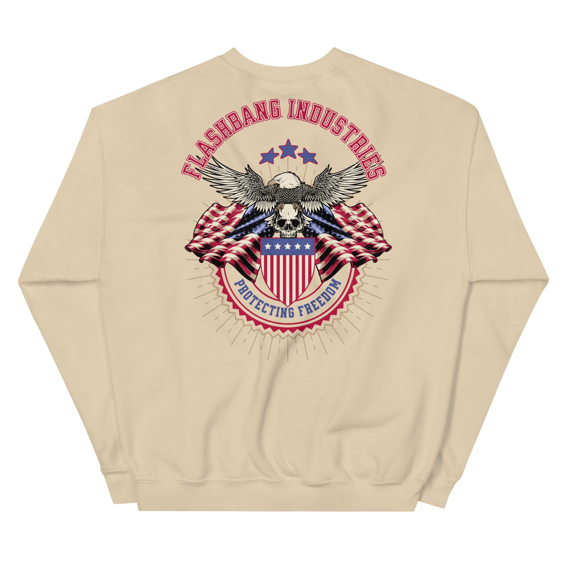Beige sweatshirt with an eagle and American flag design on the back, featuring the text 'Flashbang Industries Protecting Freedom'.
