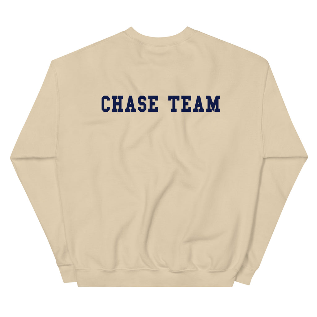 Beige sweatshirt with 'CHASE TEAM' text on the back against a white background