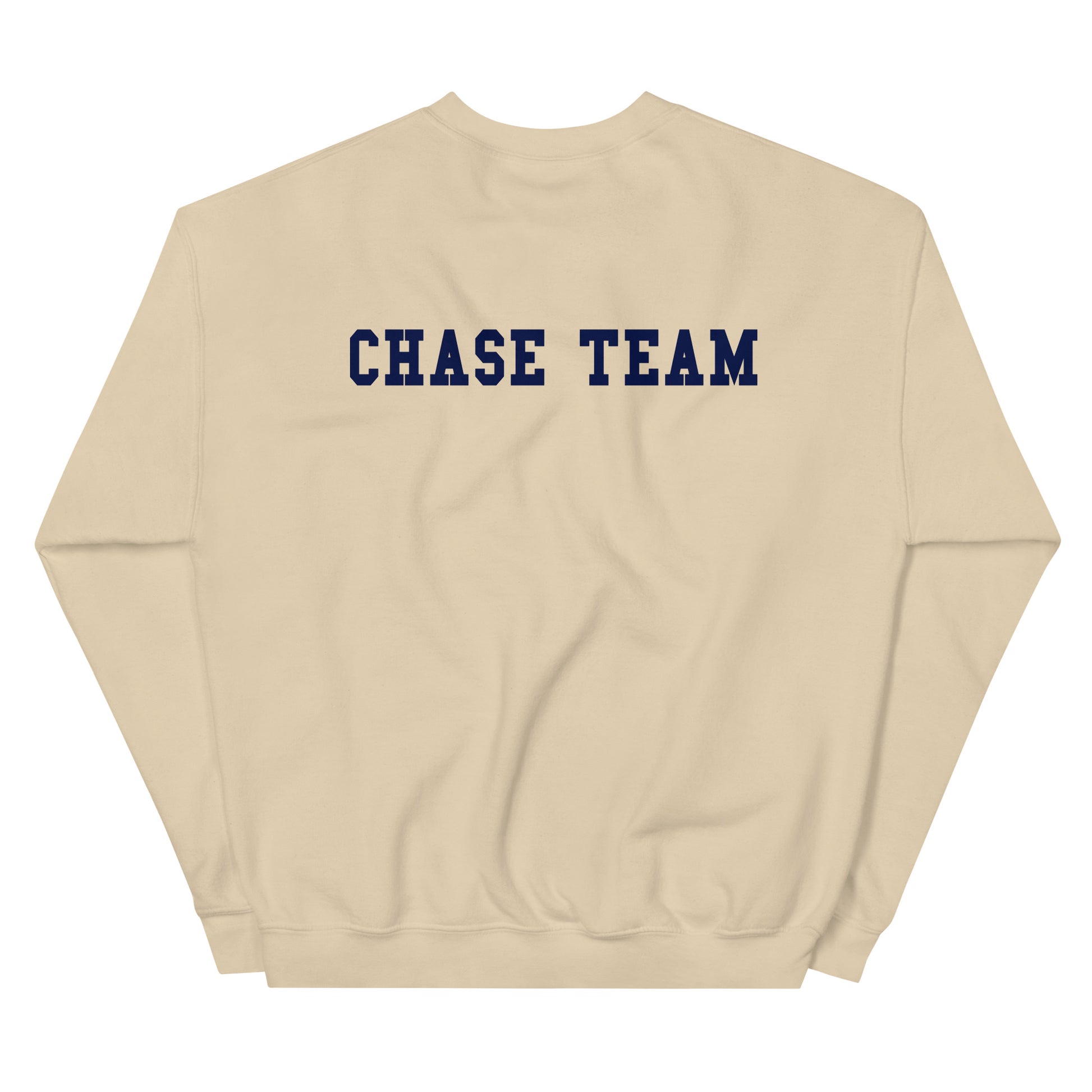 Beige sweatshirt with 'CHASE TEAM' text on the back against a white background