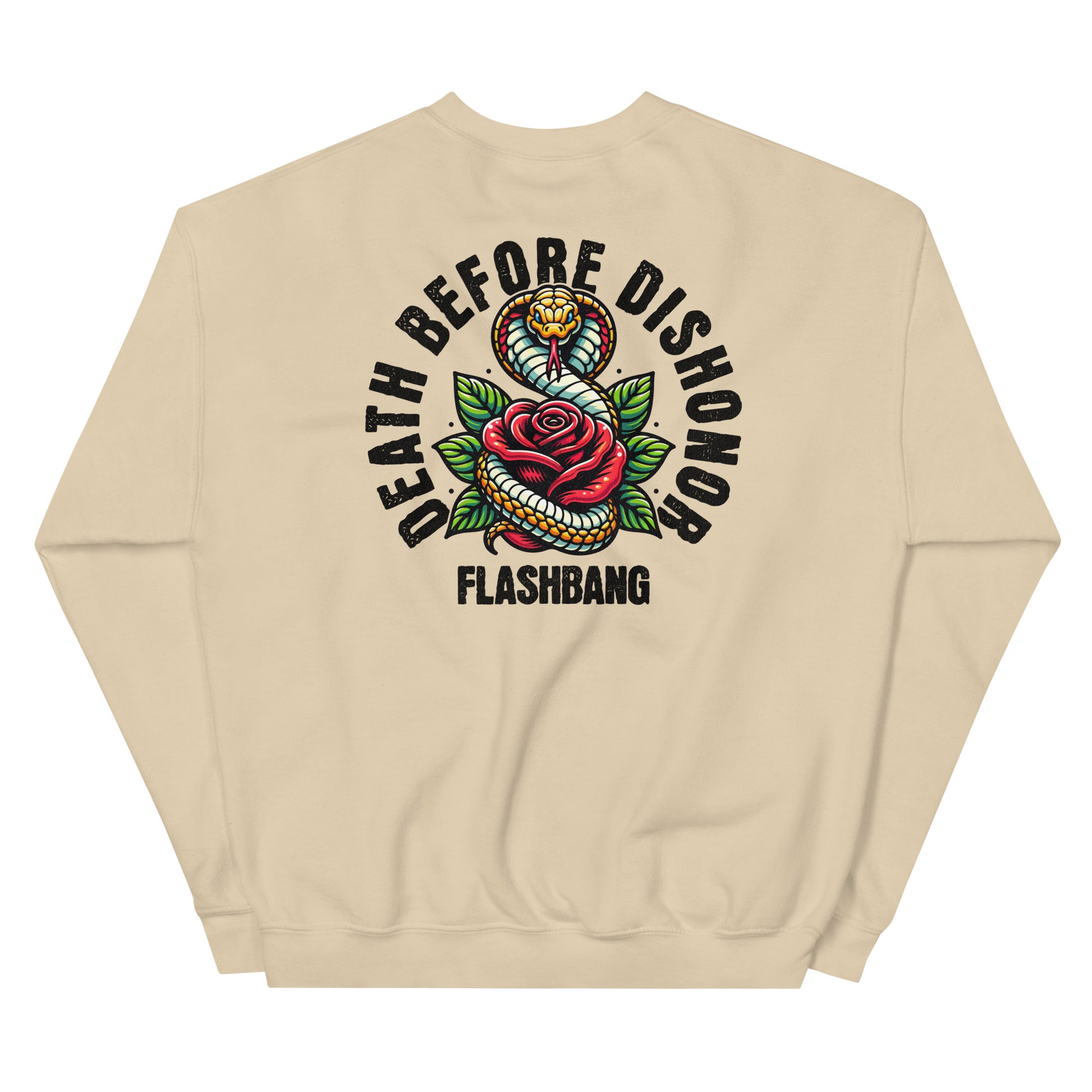 Beige sweatshirt with a snake and rose design and text on the back