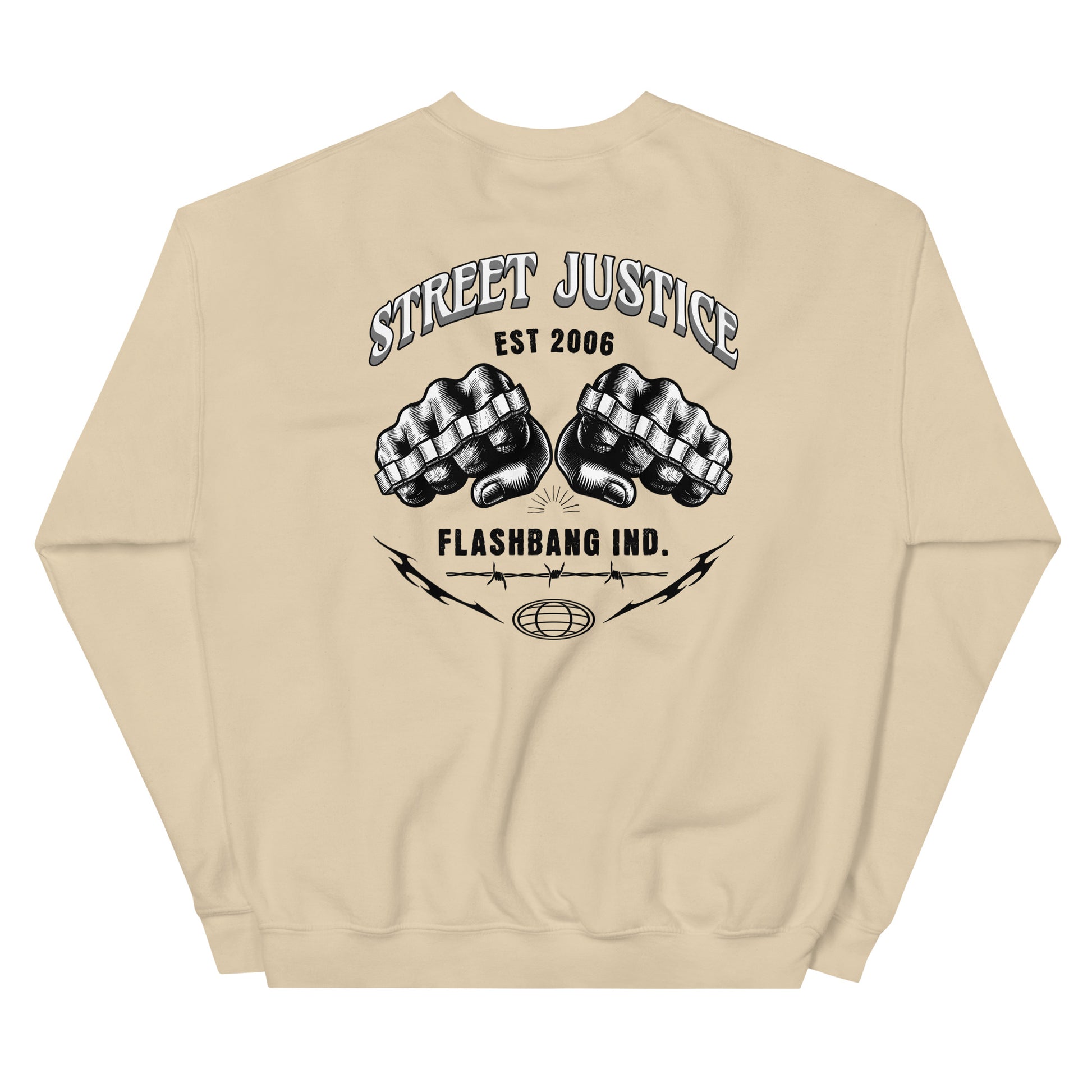 Beige sweatshirt with black graphic design on the back featuring fists and text.