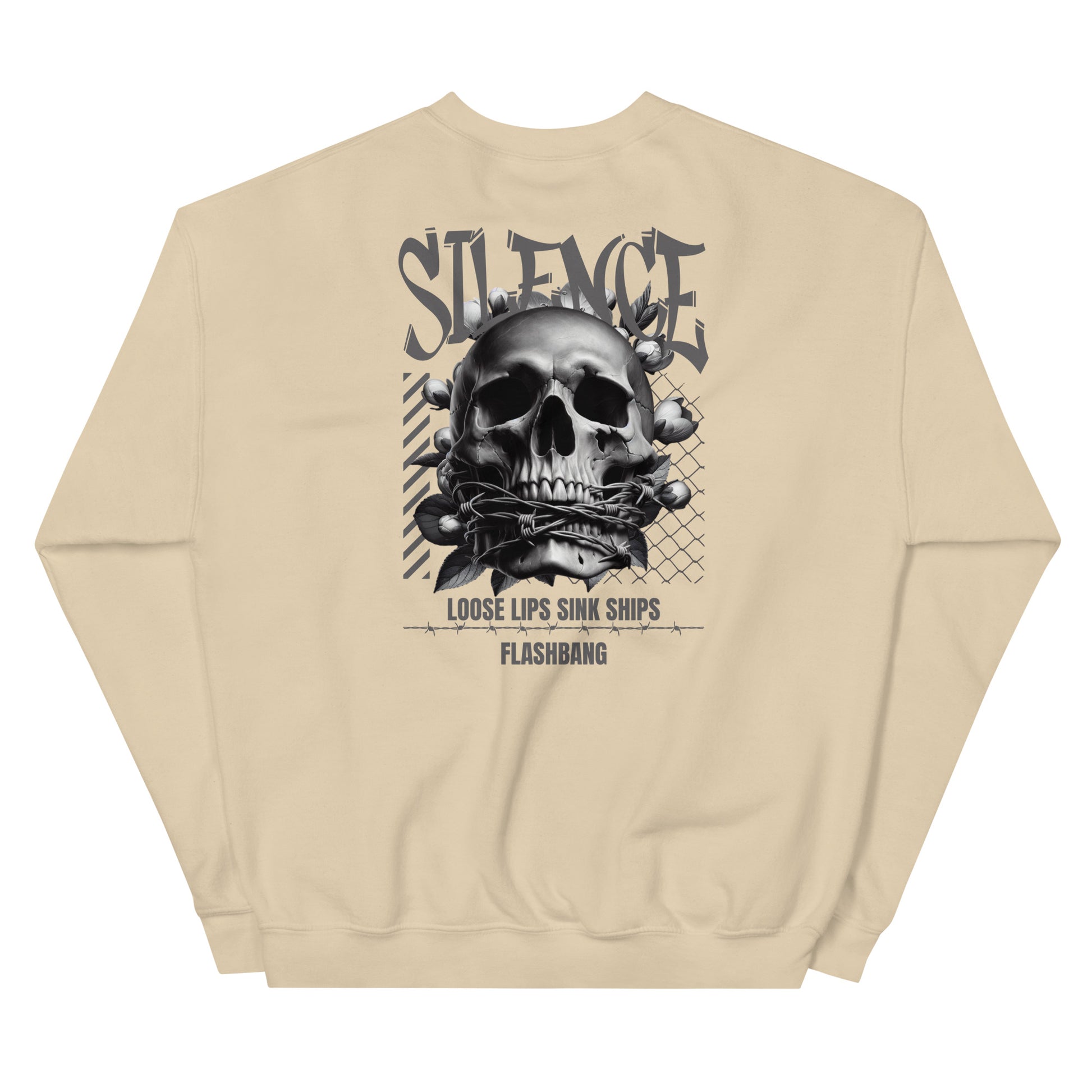 Beige sweatshirt with a black skull graphic and text on the back