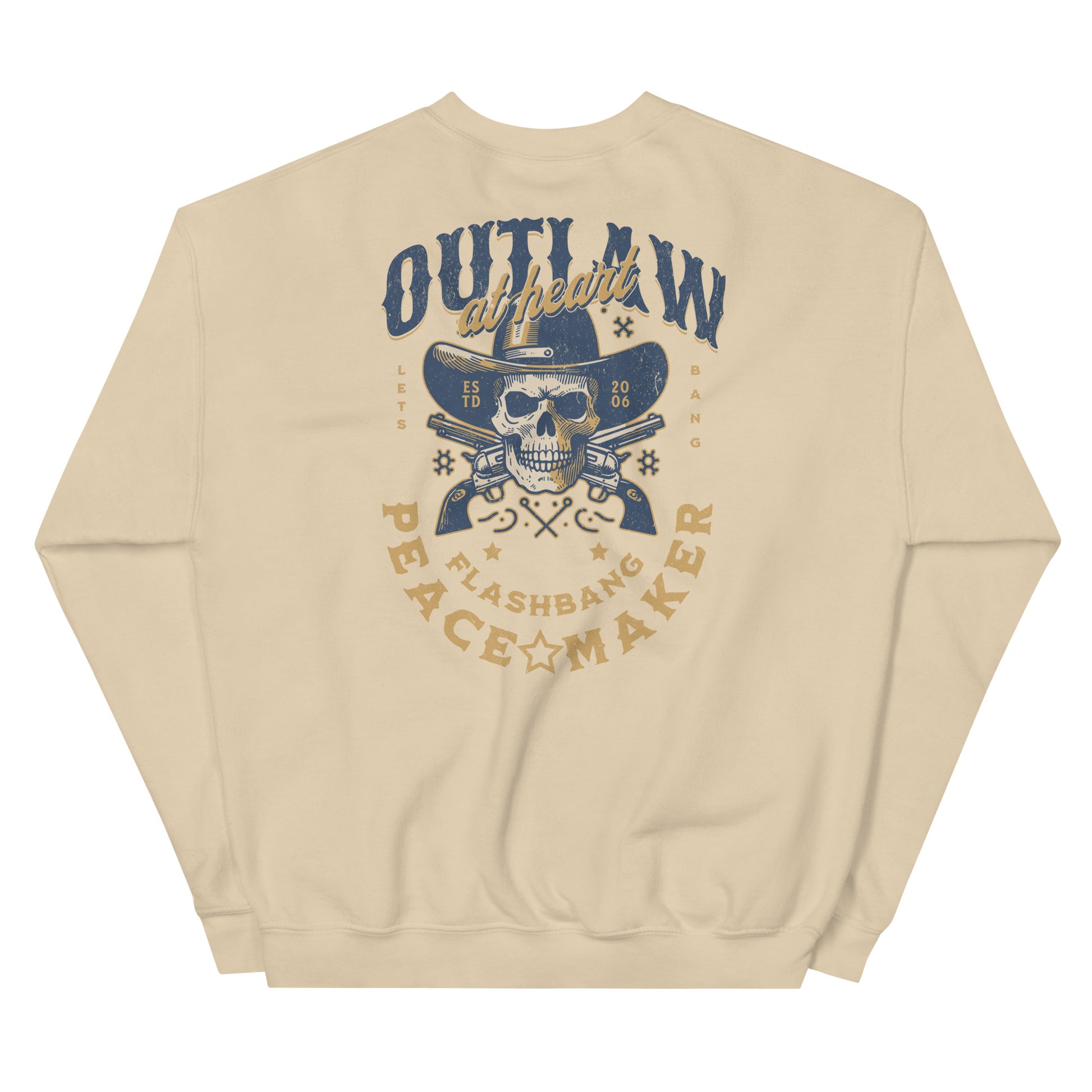 Beige sweatshirt with a graphic design on the back featuring a skull, hat, and text.