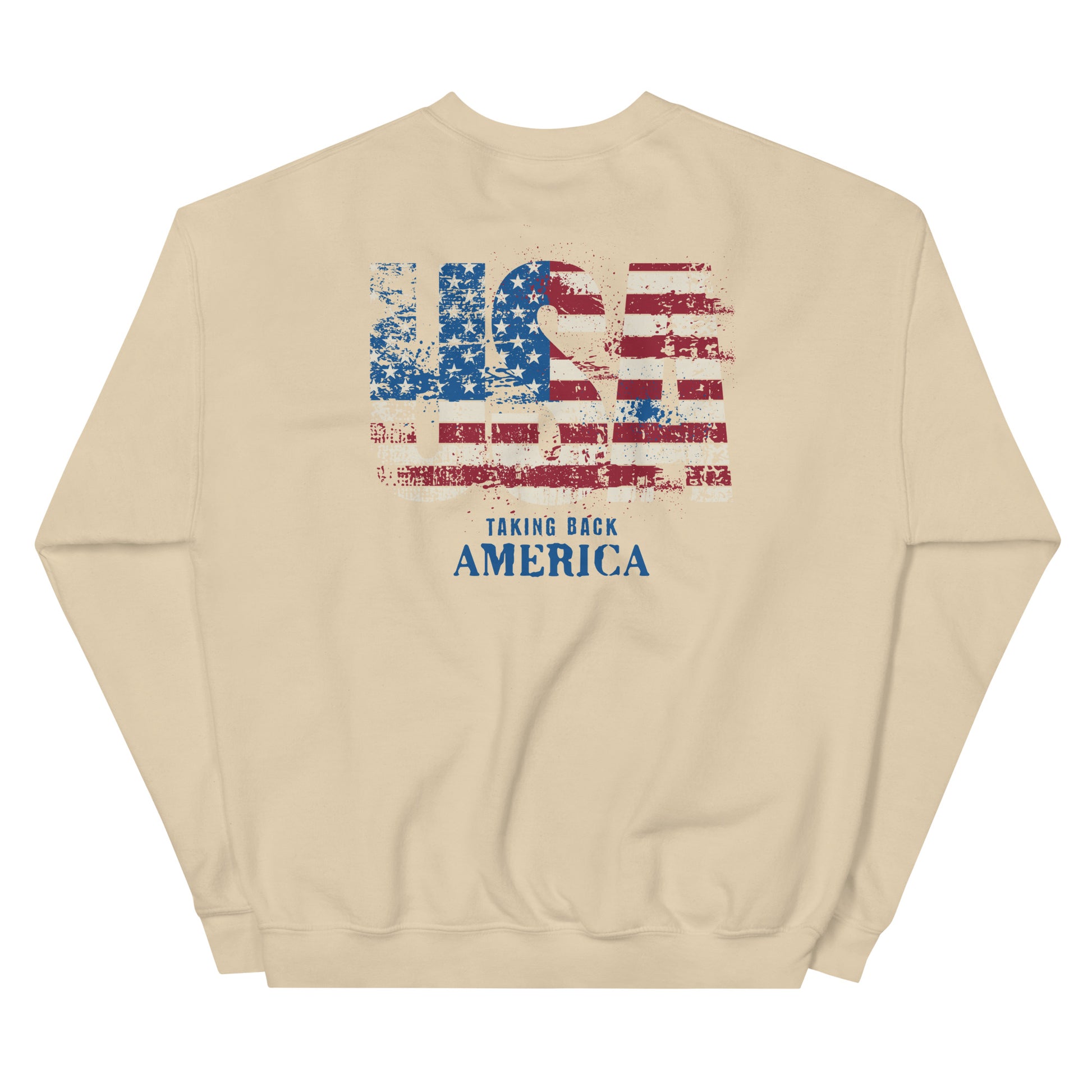 Beige sweatshirt with American flag design and 'Taking Back America' text on a white background