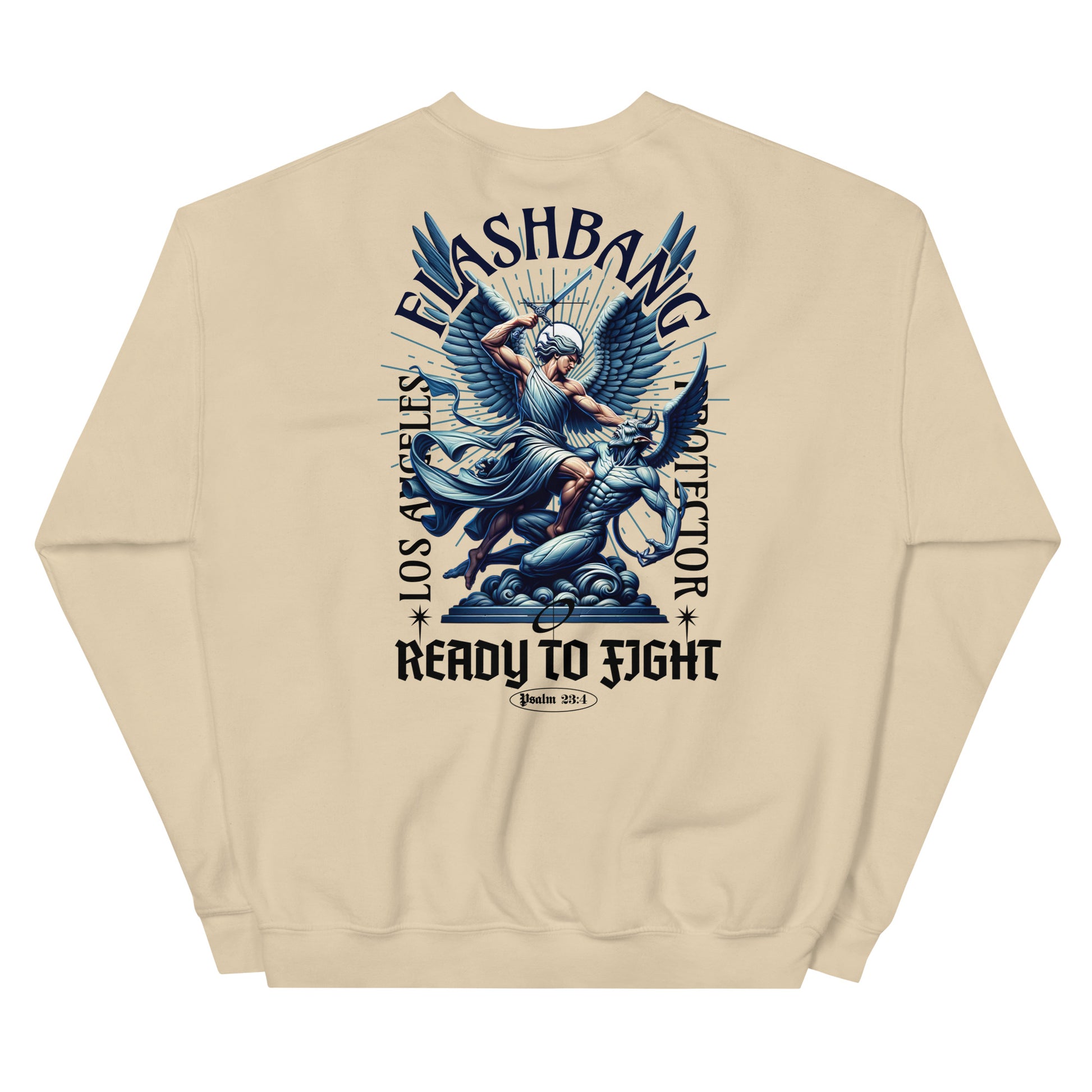 Beige sweatshirt with graphic design on the back featuring text and an angel-like figure.
