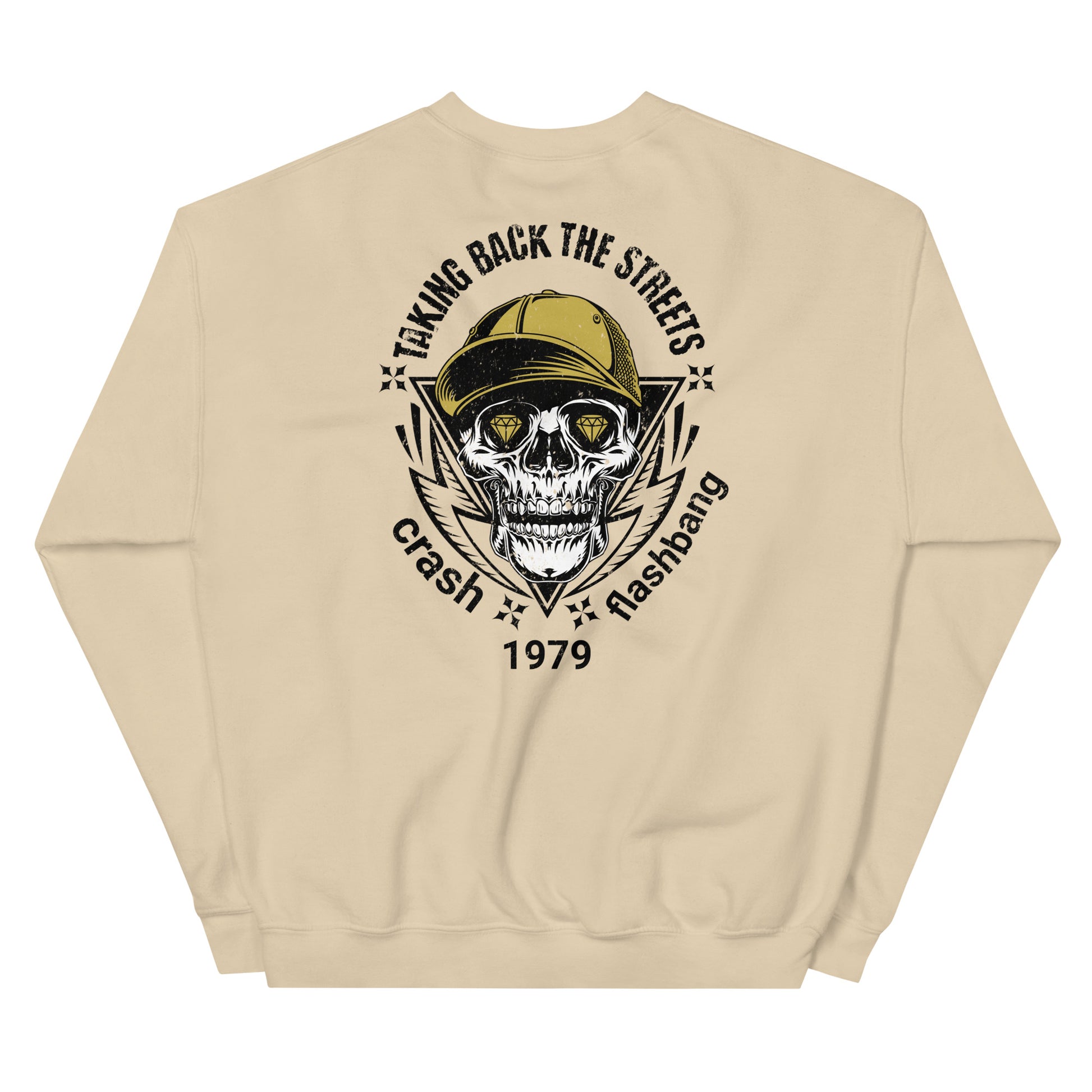 Beige sweatshirt with a skull wearing a cap and text on the back