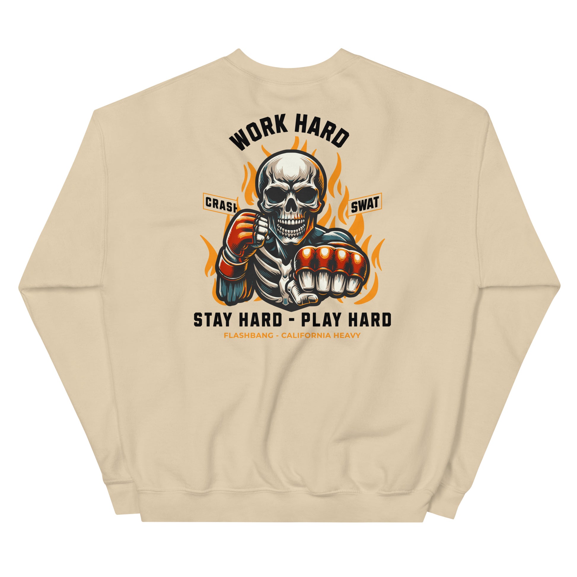 Beige sweatshirt with a graphic design of a skeleton fist and text on the back