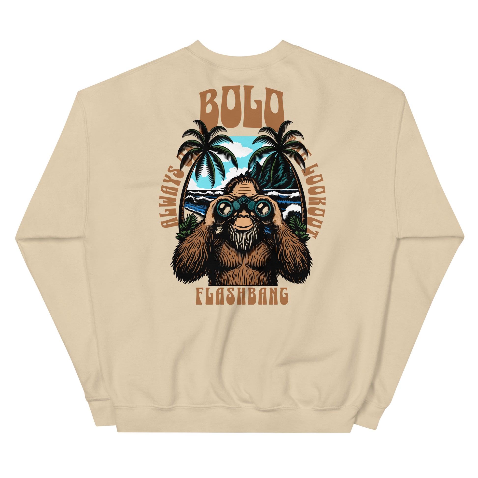 Beige sweatshirt with a graphic of a sloth, palm trees, and text on the back