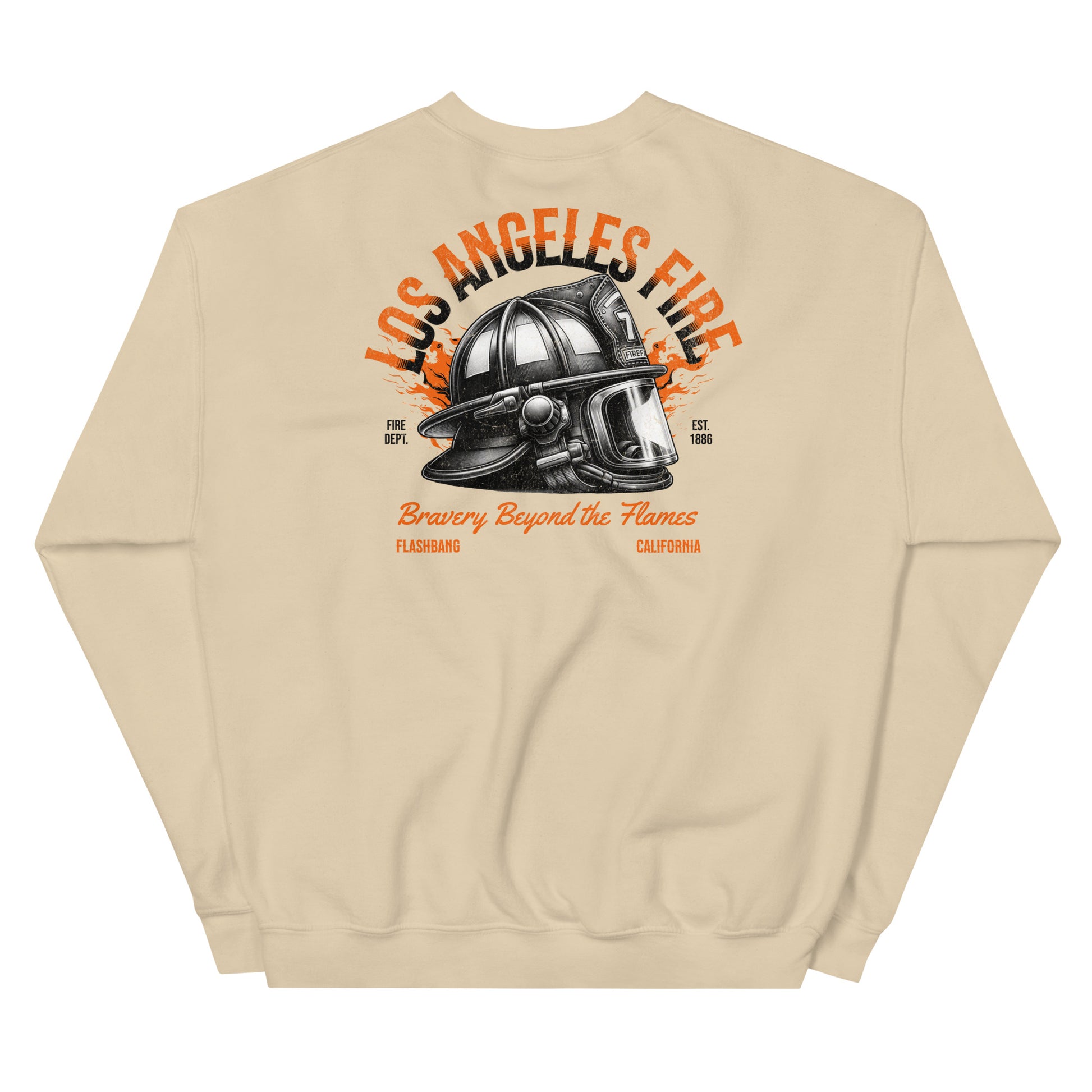 Beige sweatshirt with a fire helmet graphic and text on the back, on a white background