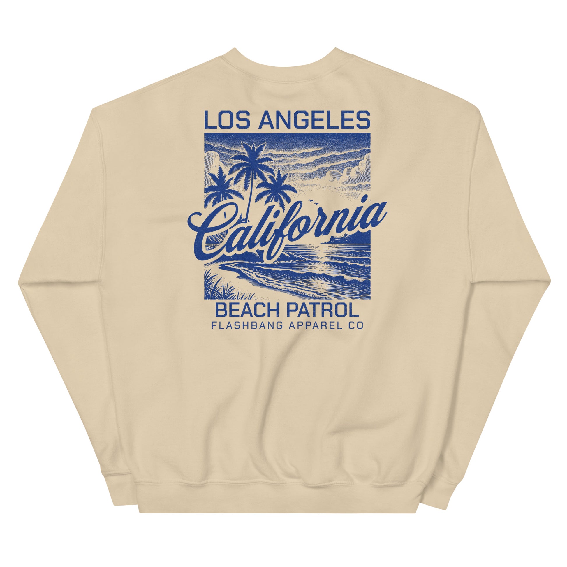 Beige sweatshirt with blue 'Los Angeles California Beach Patrol' design on a white background