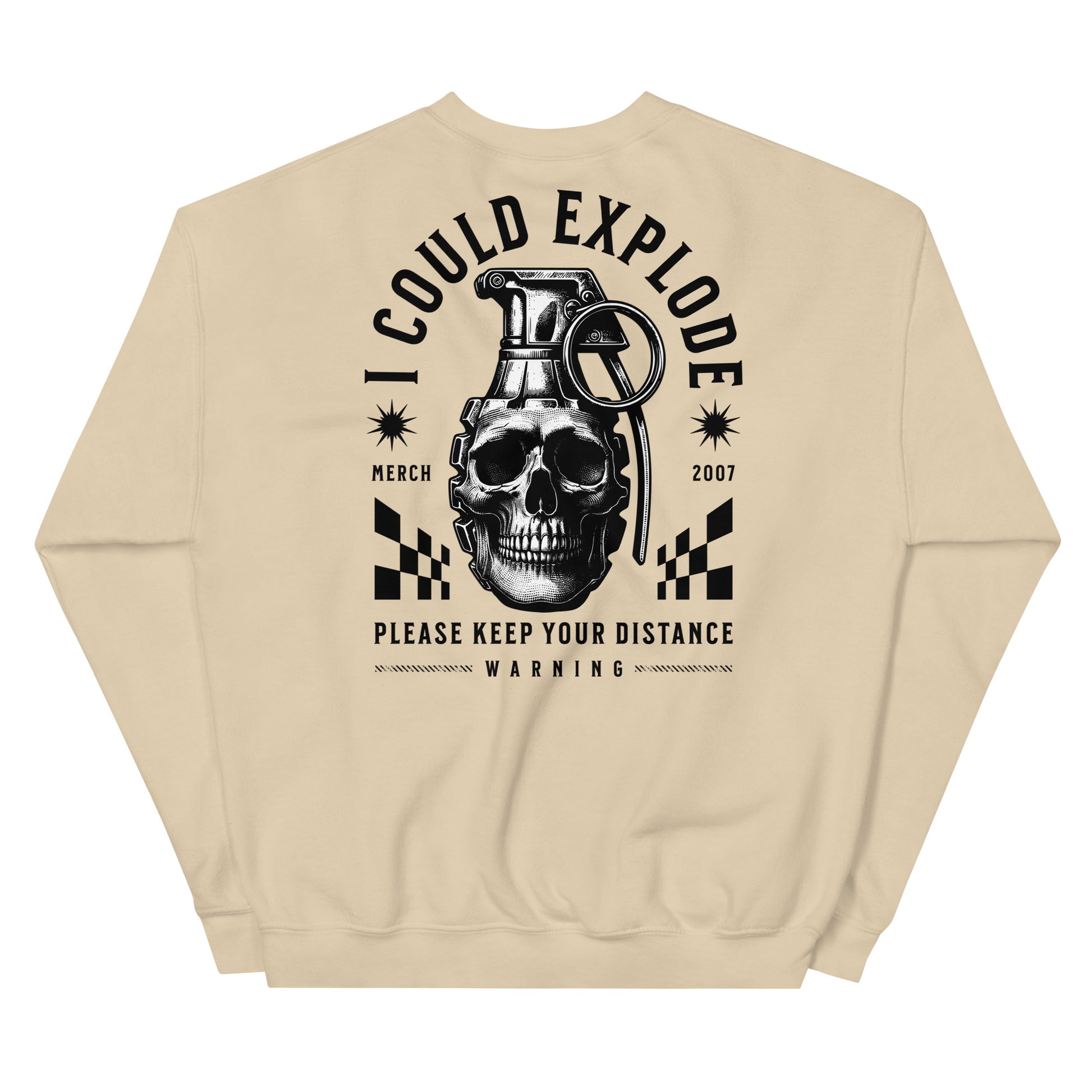 Beige sweatshirt with a graphic design featuring a skull and grenade on a white background