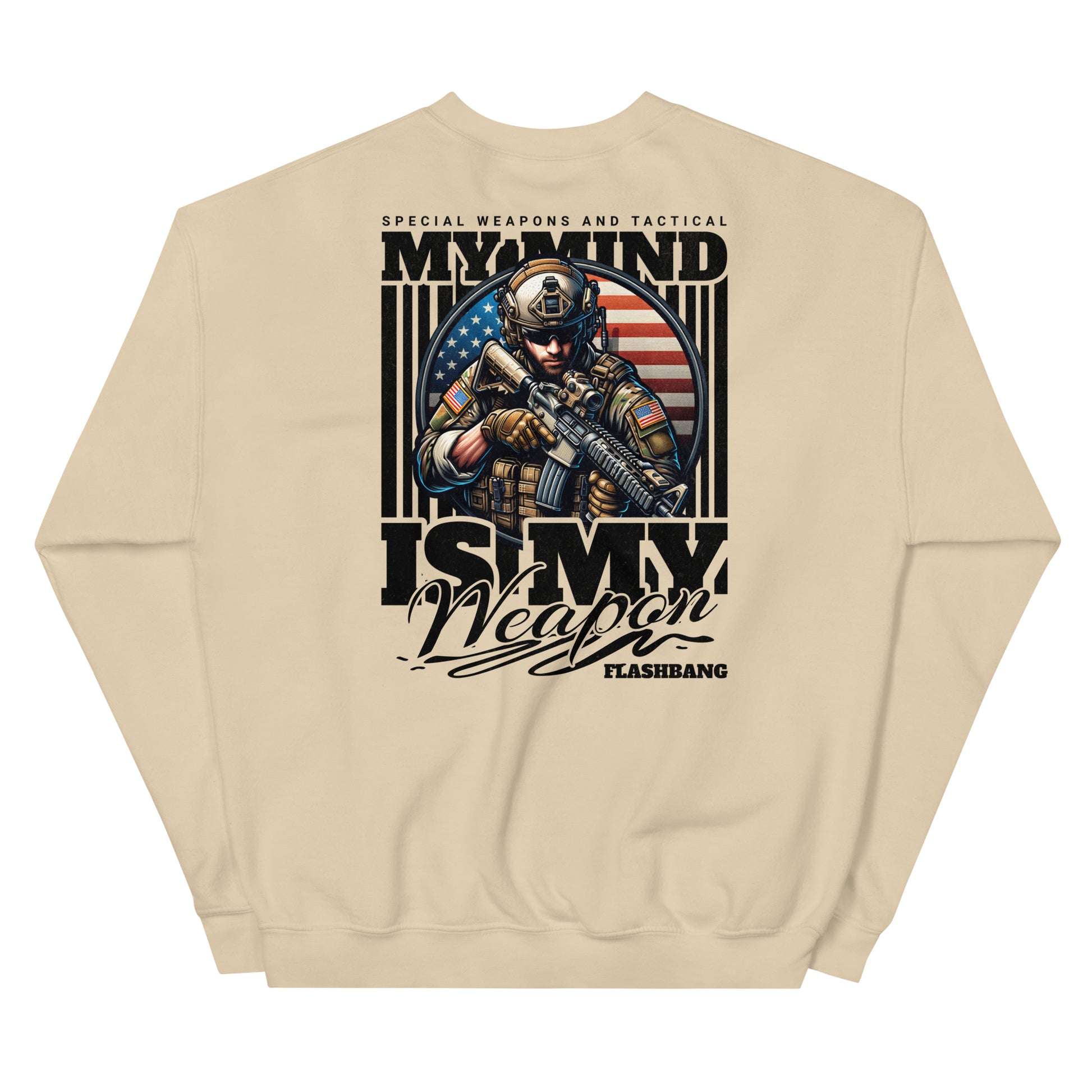 Beige sweatshirt with graphic design of a soldier and text on the back