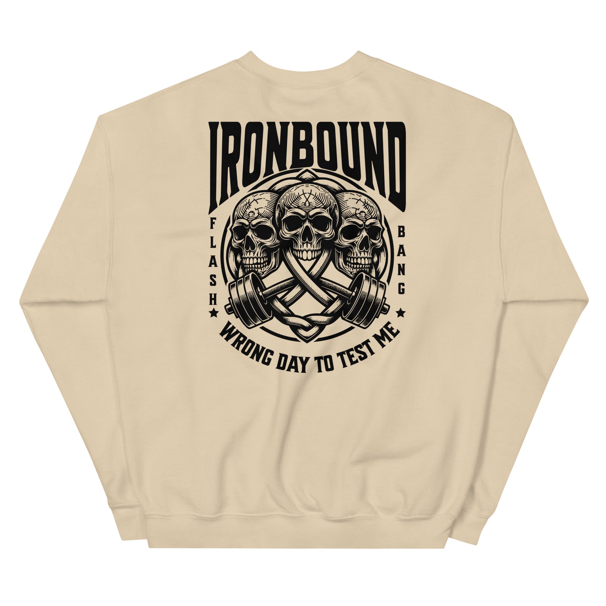 Beige sweatshirt with black graphic design featuring skulls and dumbbells on a white background