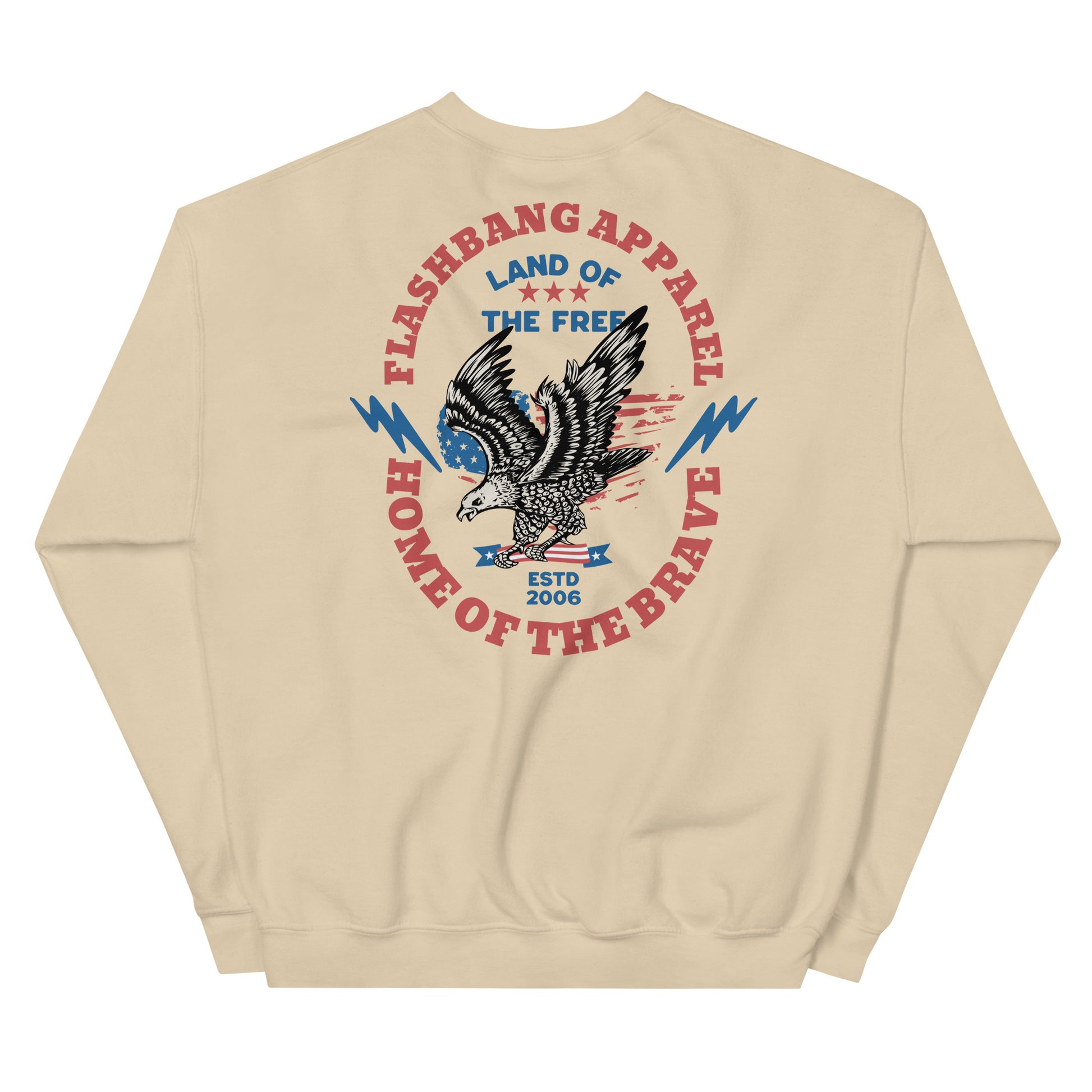 Beige sweatshirt with an eagle graphic and text on the back